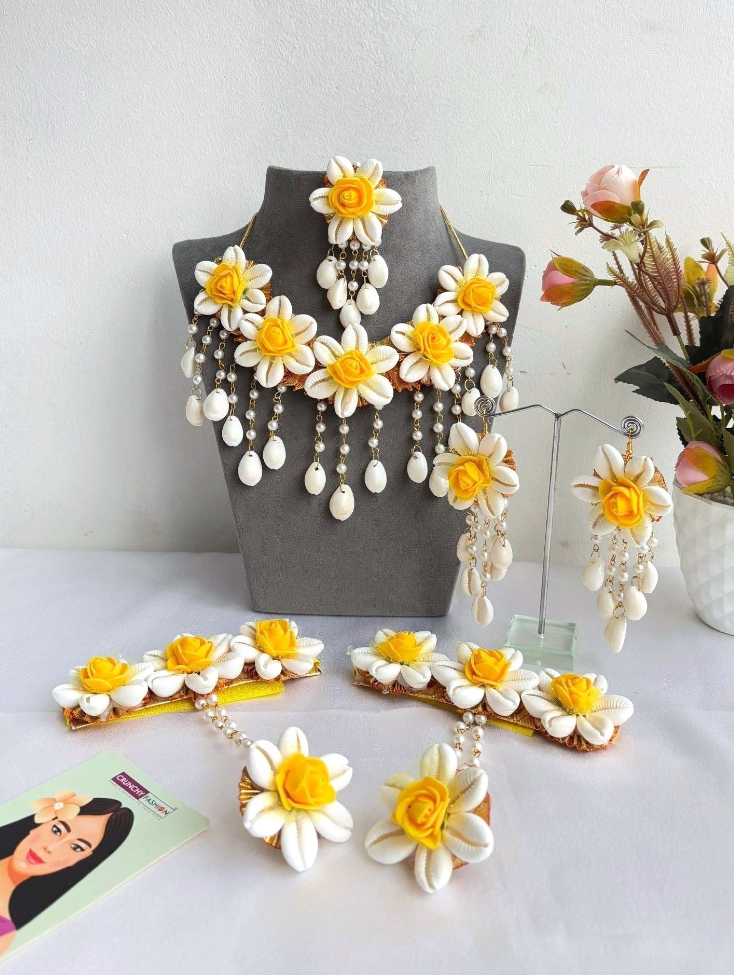 Yellow Floral Cowrie Sea shell Jewellery Set for haldi, Mehndi