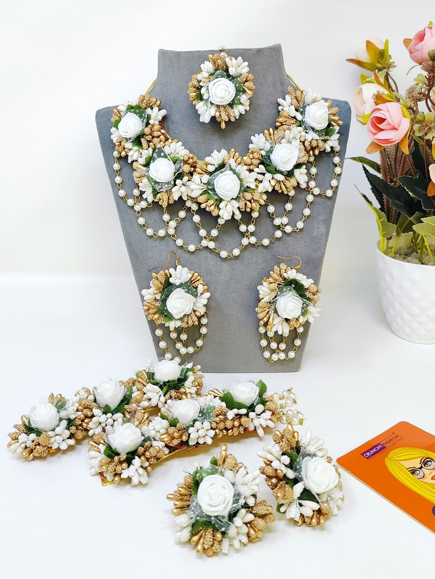 White-Gold Artificial Floral Jewellery Set for Haldi, Mehndi