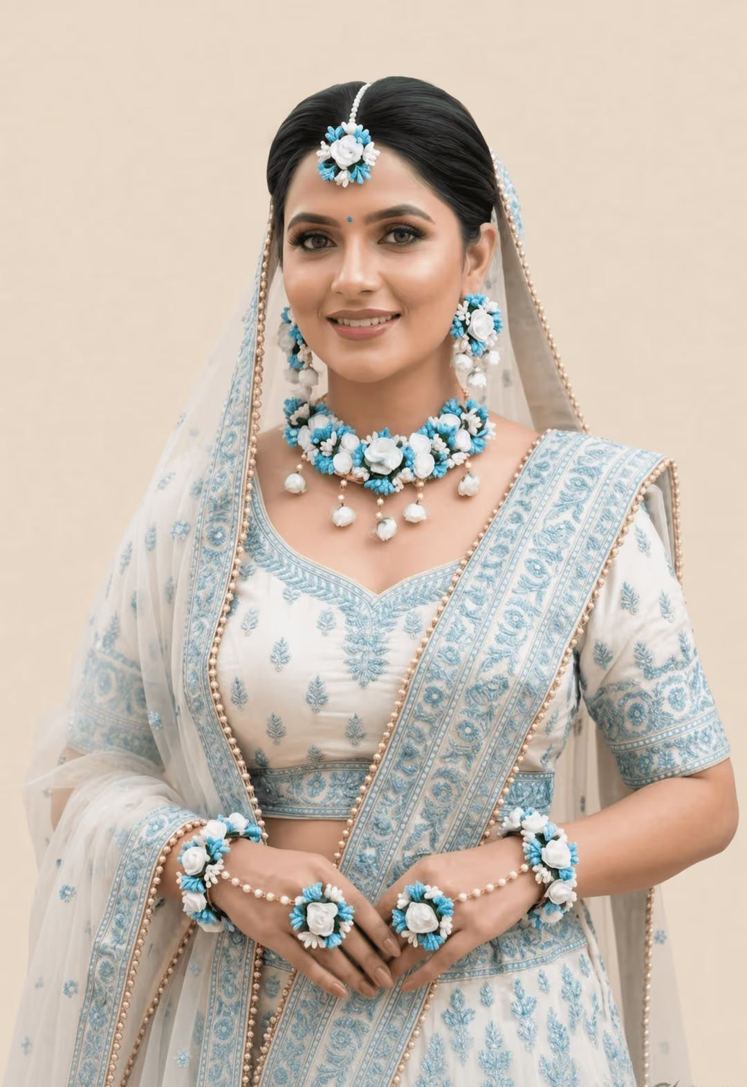 Sky Blue-White Flowers Haldi mehndi Jewellery Set with kaliras for Brides