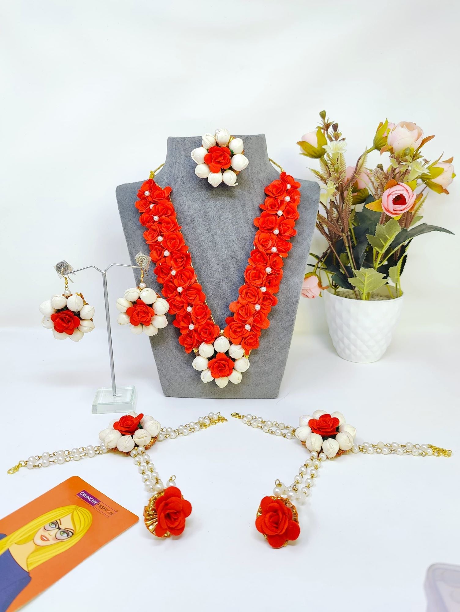 Handmade red beaded jewellery set ideal for bridal haldi and mehendi ceremonies