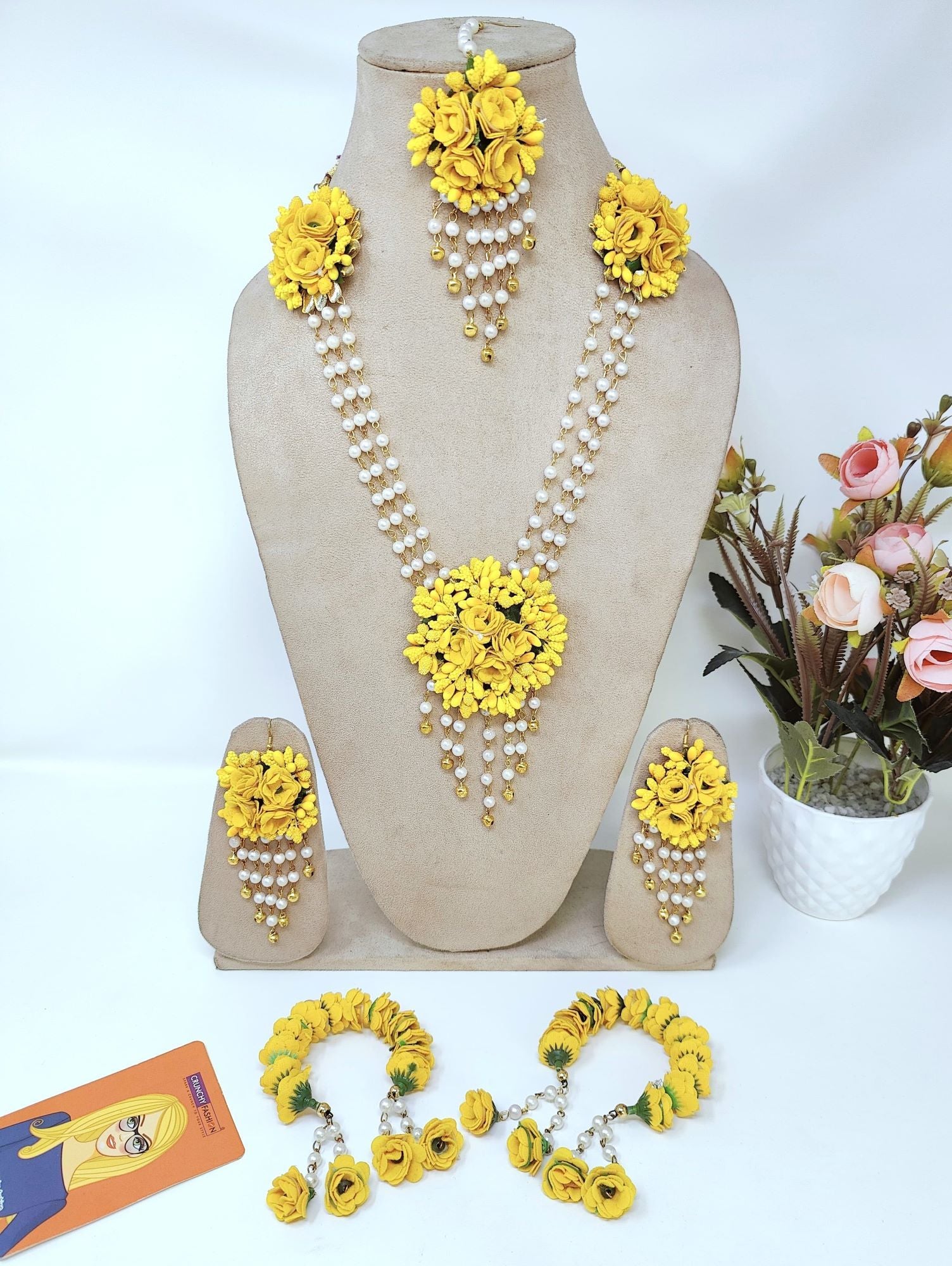 Bridal yellow flower jewellery set ideal for women and girls attending haldi and wedding events, featuring handmade, beaded design, and push back earrings