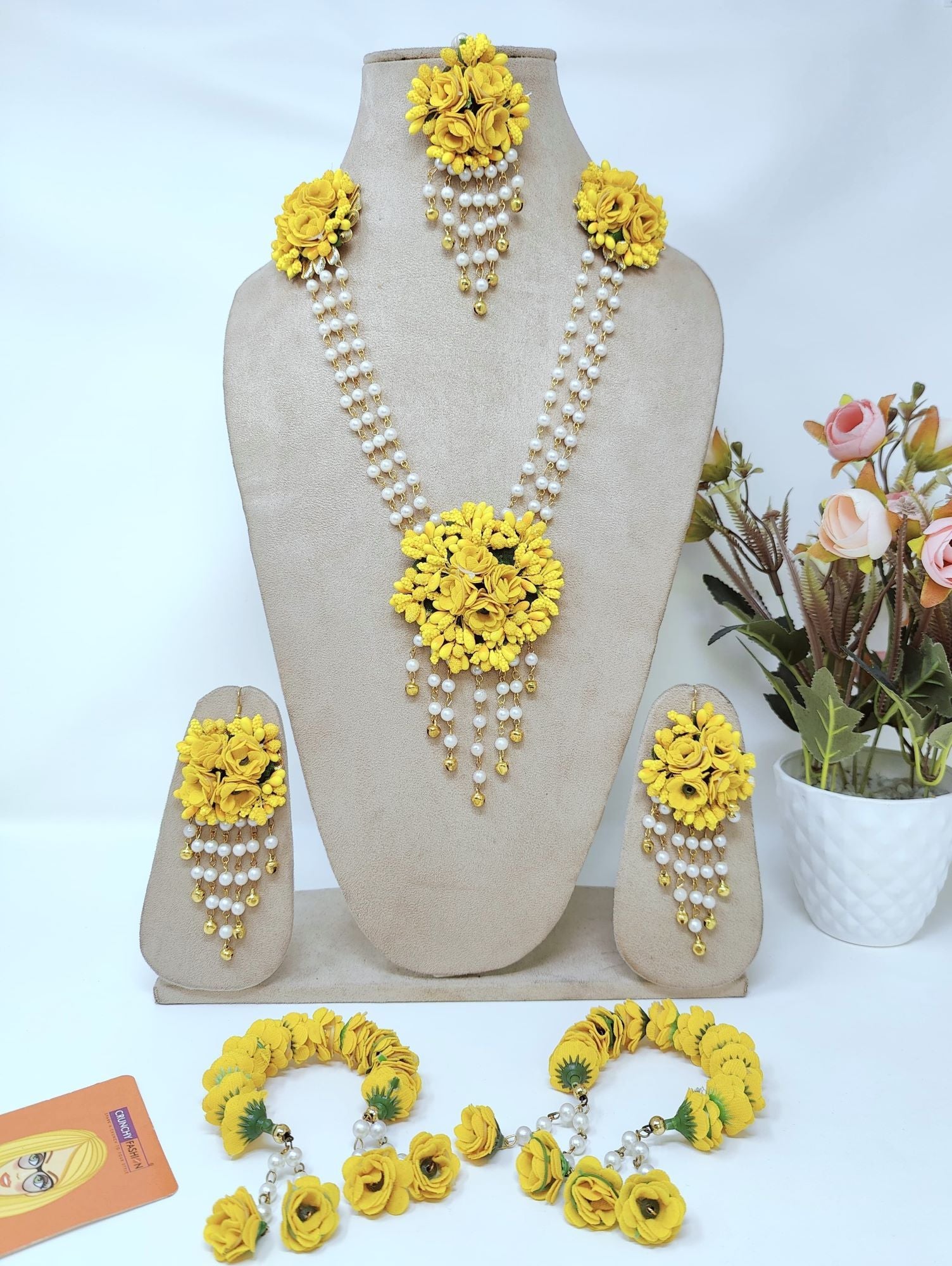 Bridal yellow flower jewellery set ideal for women and girls attending haldi and wedding events, featuring handmade, beaded design, and push back earrings