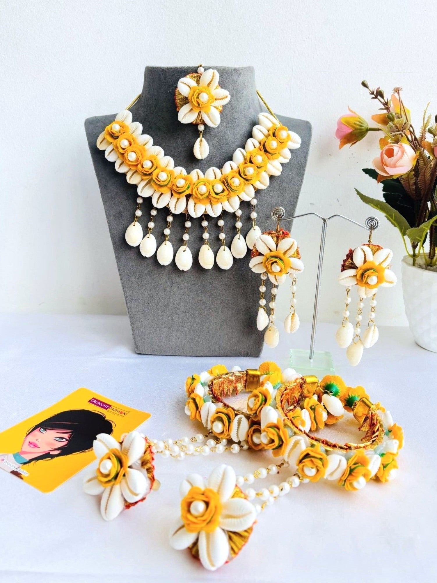 Yellow Floral and Cowrie Shell Bridal Jewellery Set for Haldi