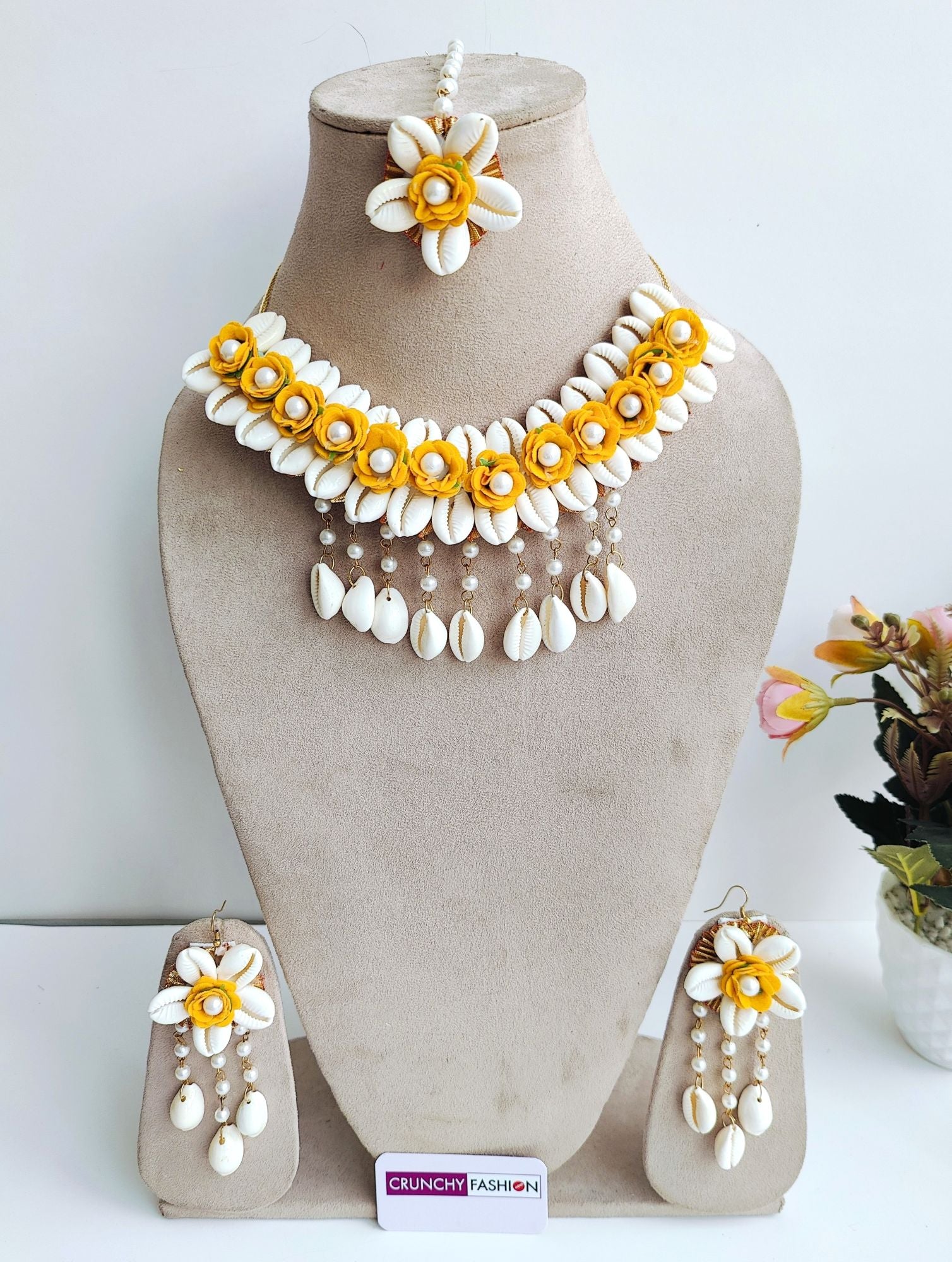 Yellow Floral and Cowrie Shell Bridal Jewellery Set for Haldi