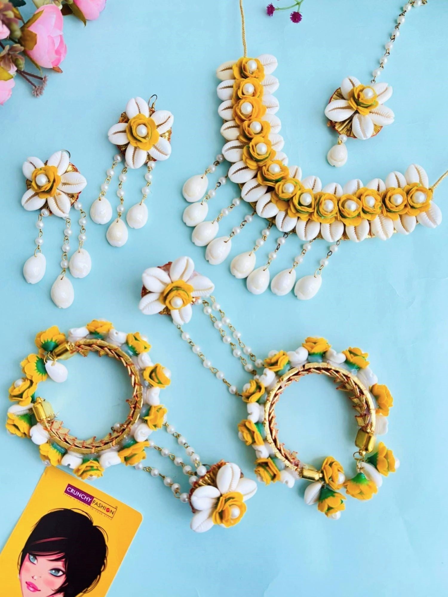 Yellow Floral and Cowrie Shell Bridal Jewellery Set for Haldi