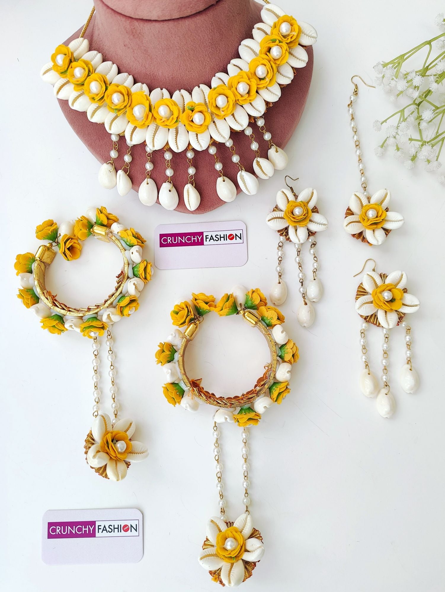 Yellow Floral and Cowrie Shell Bridal Jewellery Set for Haldi