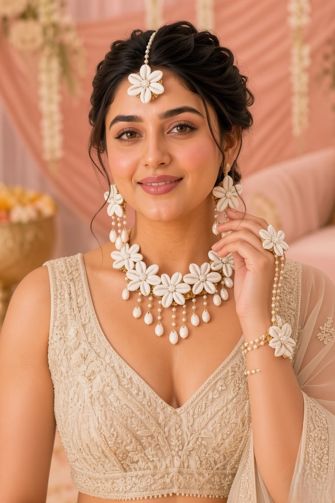 Floral Fantasy Cowrie-Sea Shells Haldi & Mehndi Bridal Jewellery Set with Kaliras