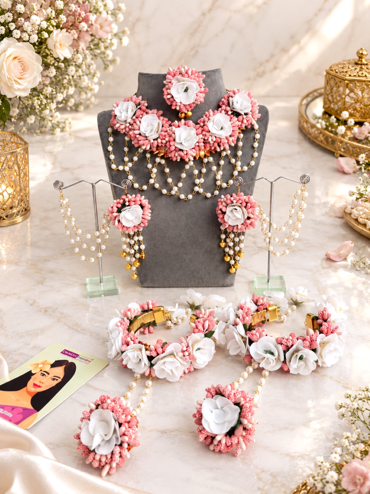 Peach-White Artificial Floral Bridal Jewelry Set for Haldi-Mehndi