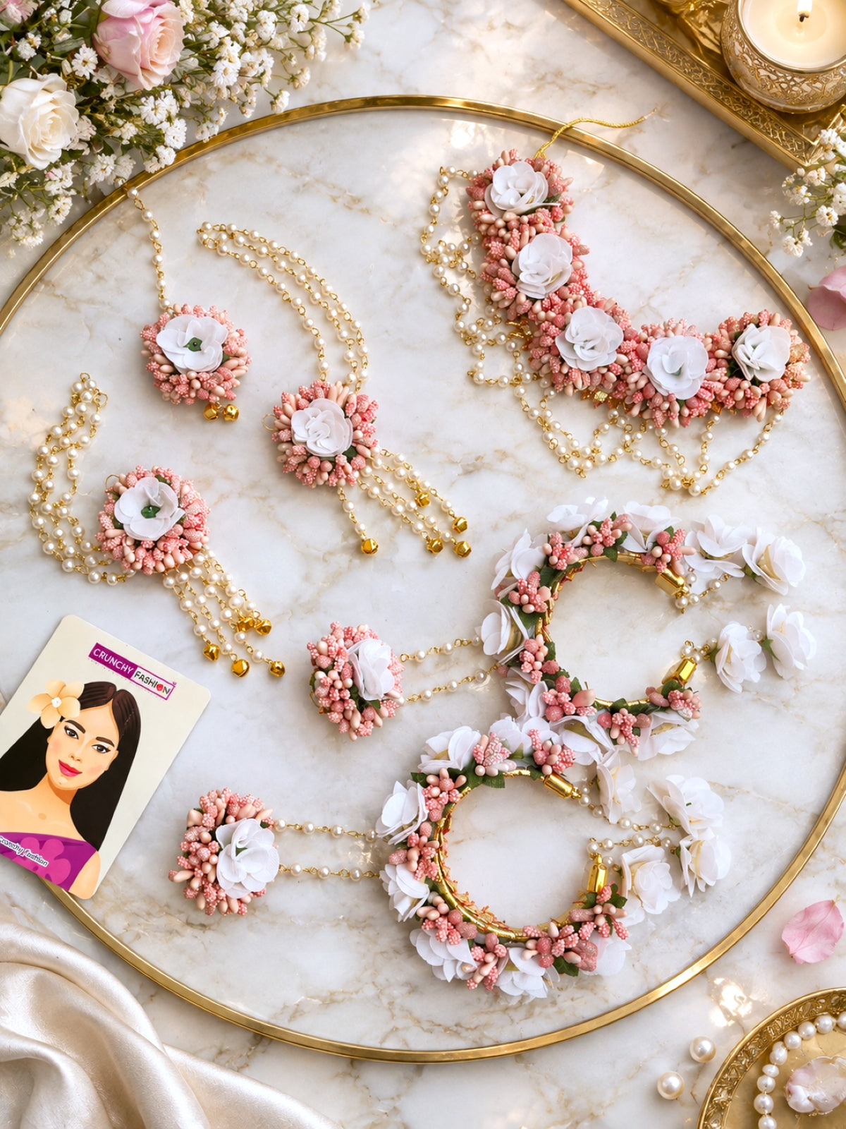 Peach-White Artificial Floral Bridal Jewelry Set for Haldi-Mehndi