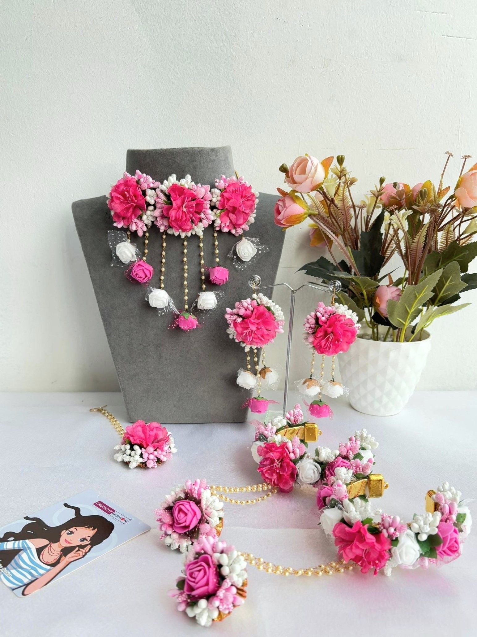 Charming Pink Blossom Flower Haldi Bridal Jewellery Set for Women