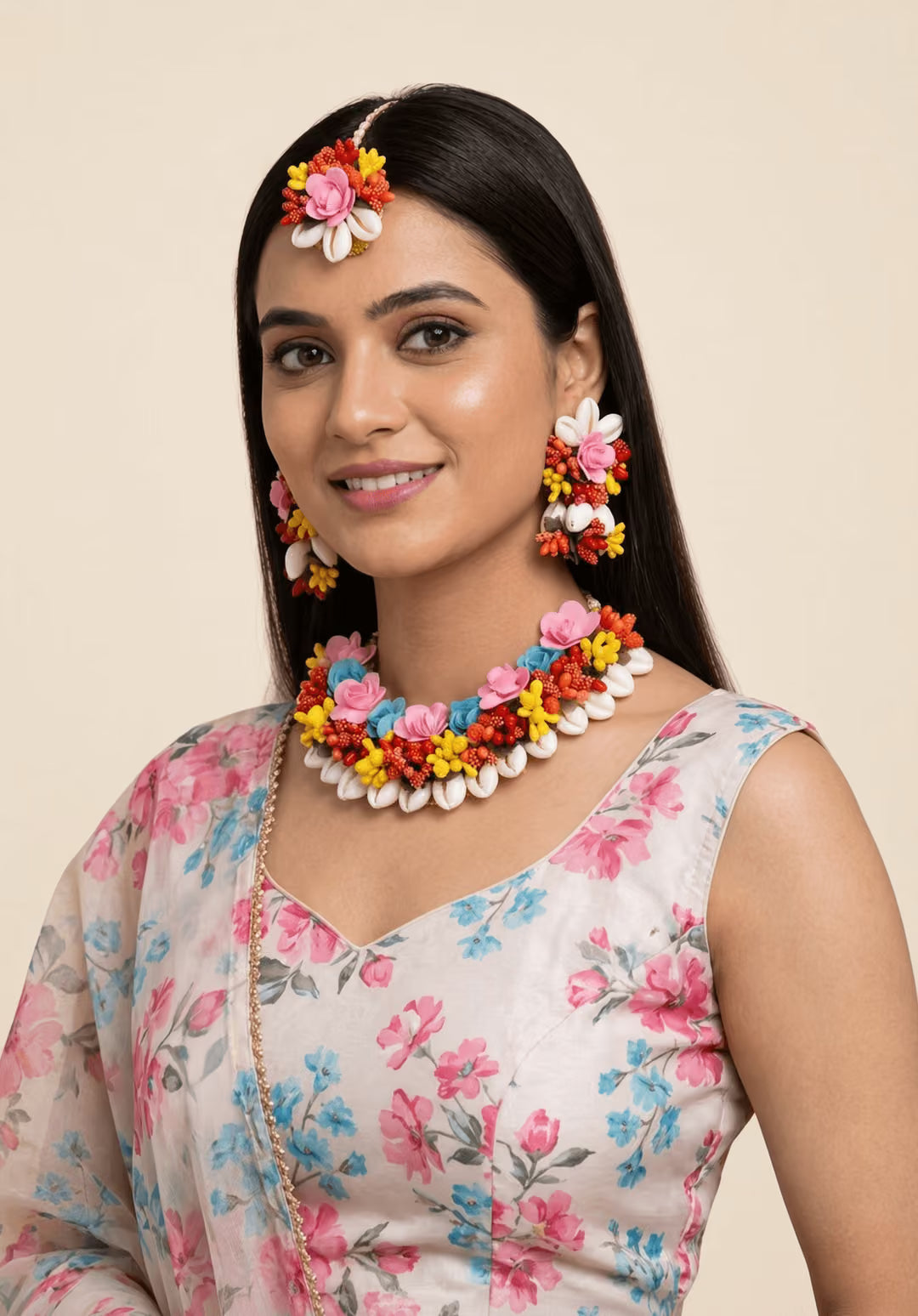 Floral Fiesta Multicolor Bridal Haldi Mehndi Jewellery Set with Kaliras