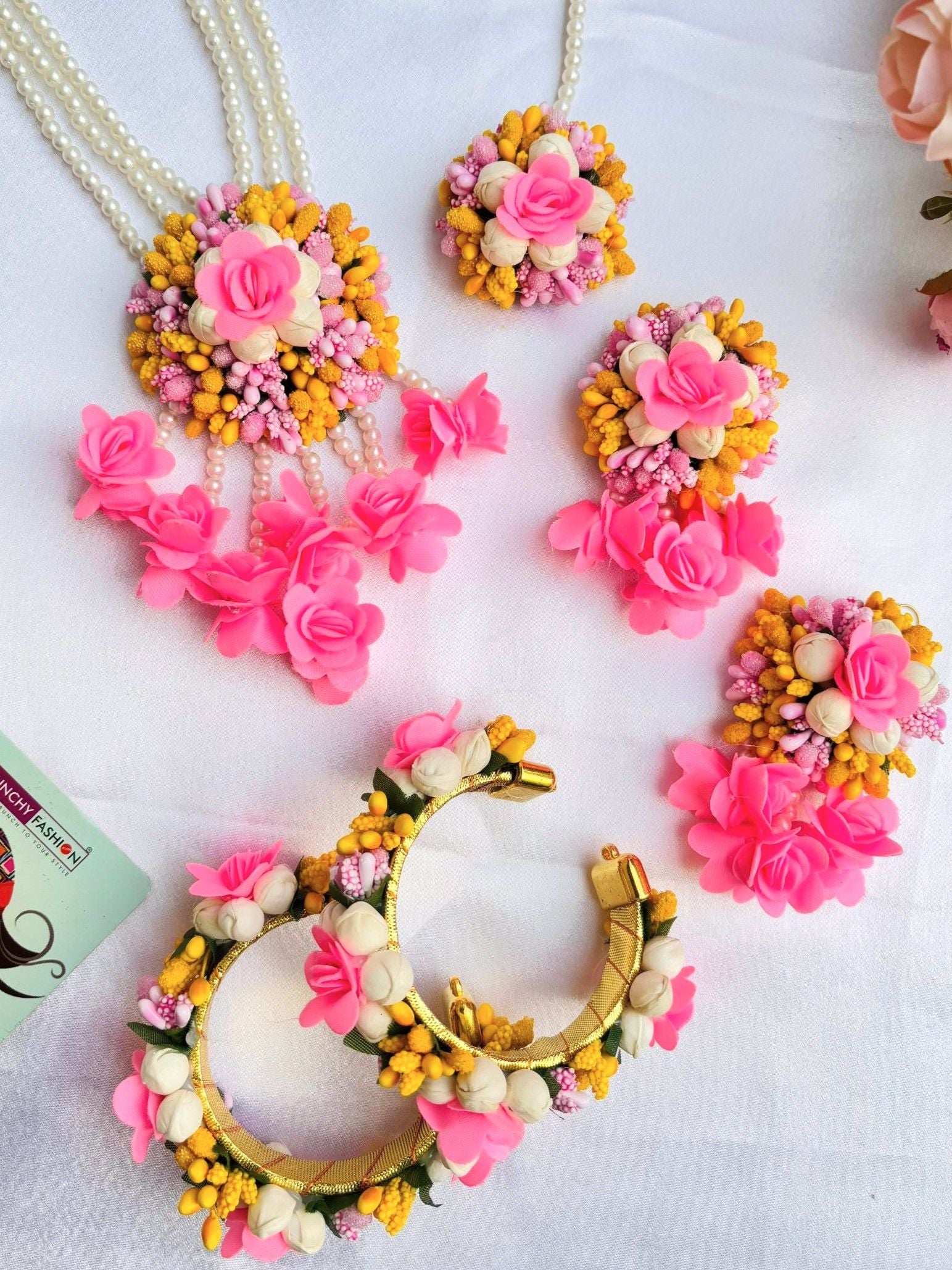 Pink-Yellow Artificial Flower Long Necklace Jewellery Set for Baby Shower, Haldi, Mehndi