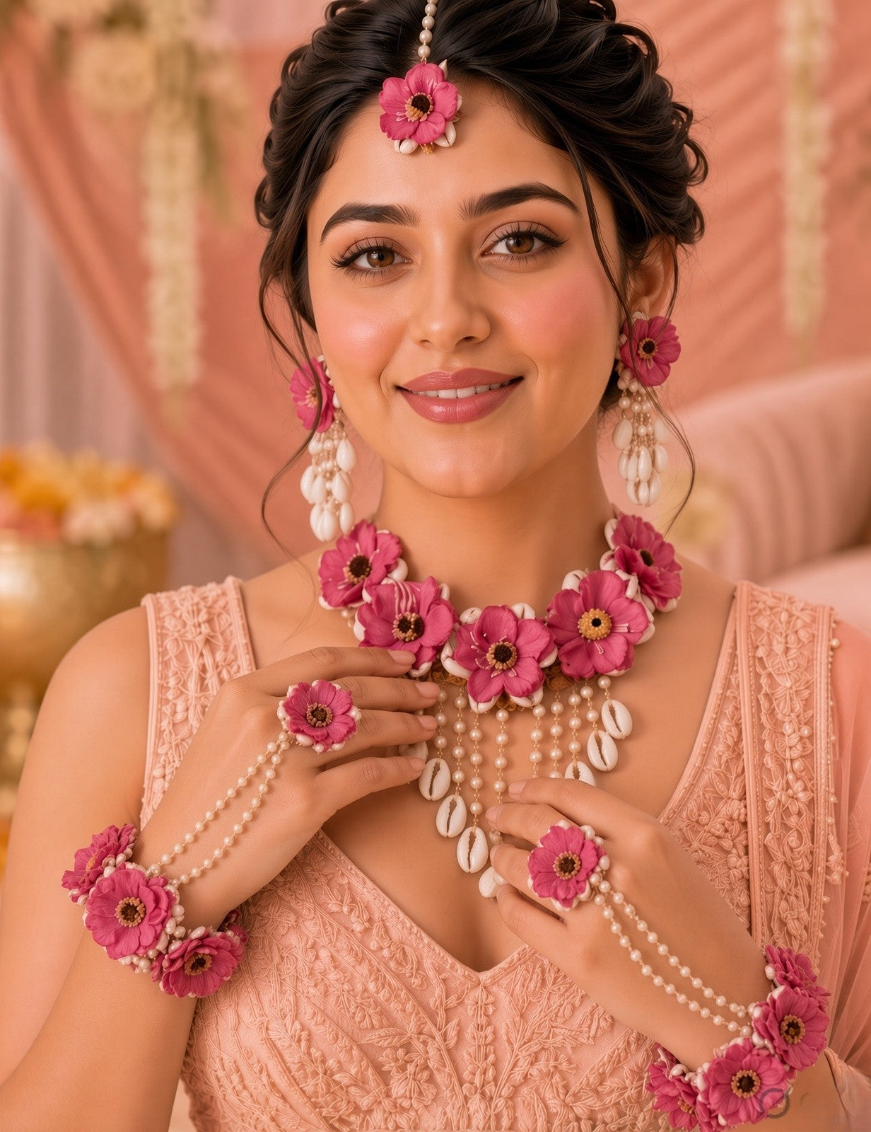 Hot Pink Flower & Cowrie Shell Haldi Fest Jewelry Set