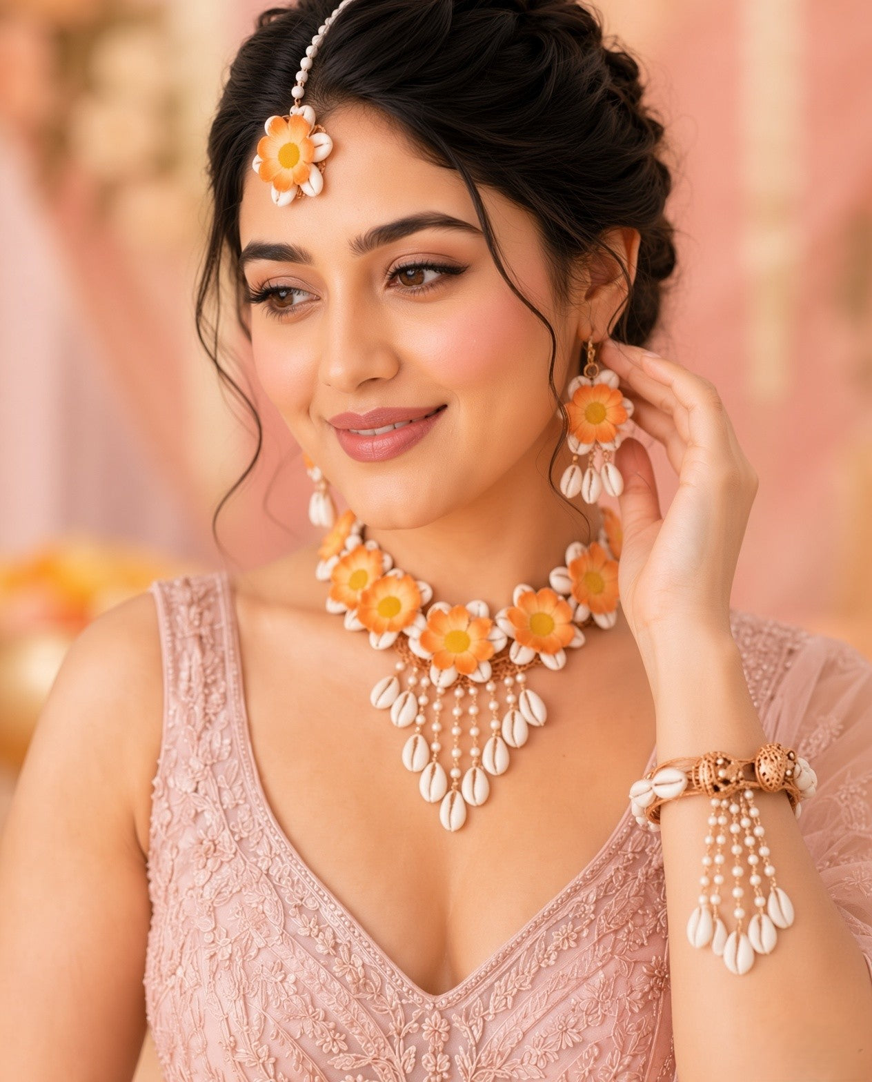 Pink Flower Cowrie Shell Jewellery Set for Haldi and Mehndi Occasions