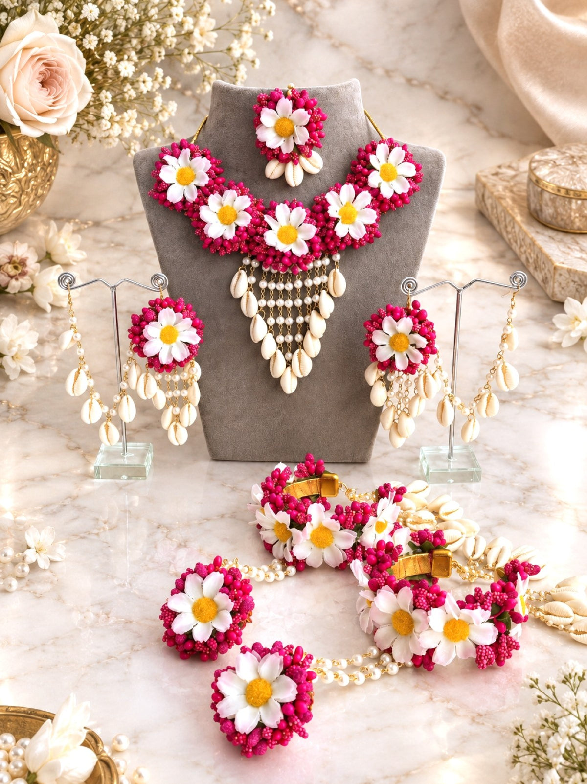 Pink Floral Extravaganza Haldi Mehndi Jewellery Set for Weddings
