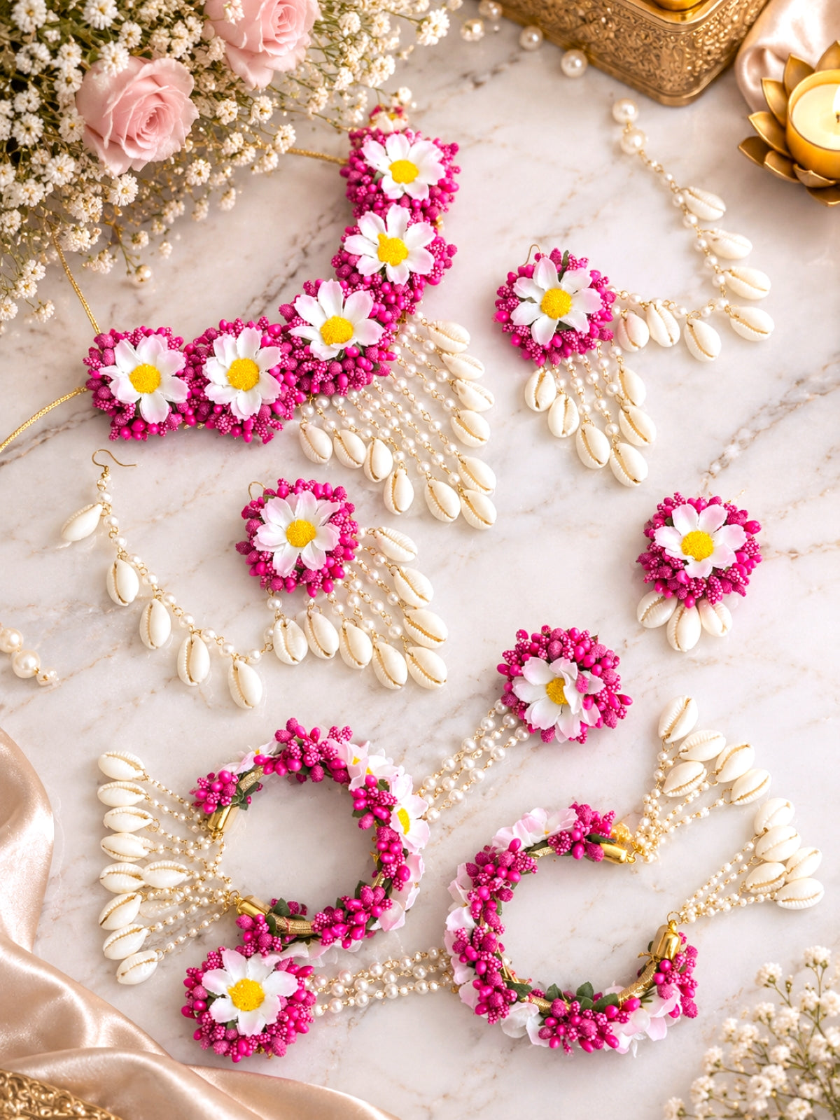 Pink Floral Extravaganza Haldi Mehndi Jewellery Set for Weddings