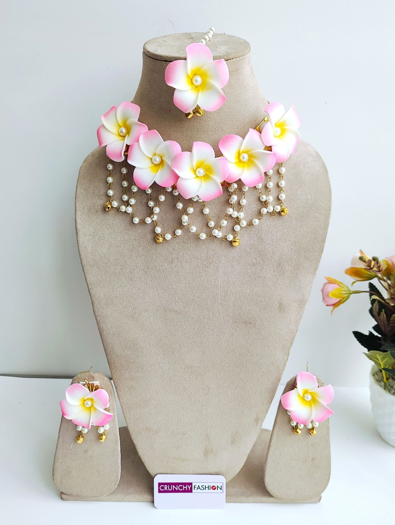 White-Pink Tropical Jewellery Set- Floral Bridal Jewellery Set for Haldi and Baby Shower