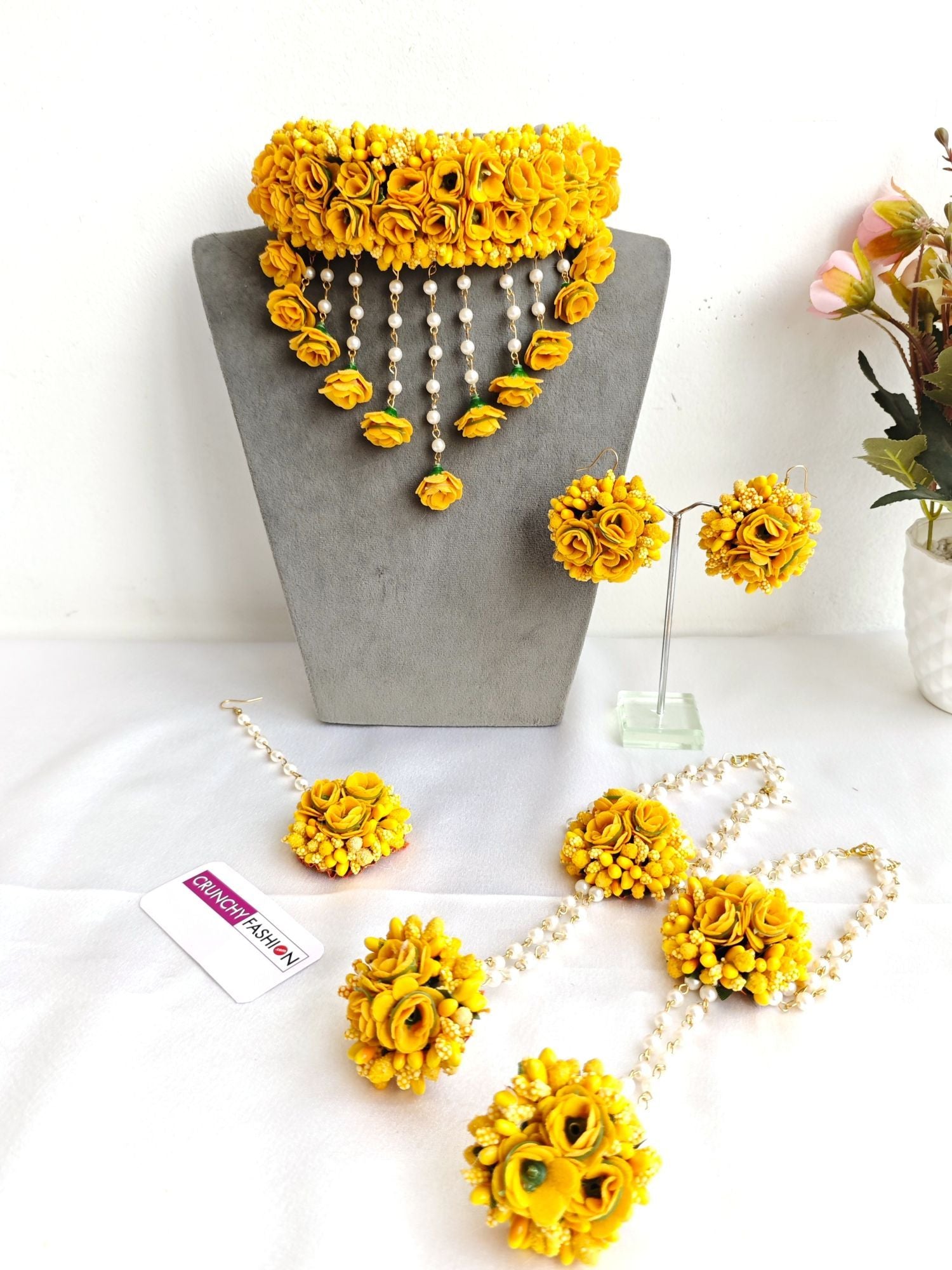 Yellow handmade artificial floral jewellery set, ideal for women and girls at haldi ceremony