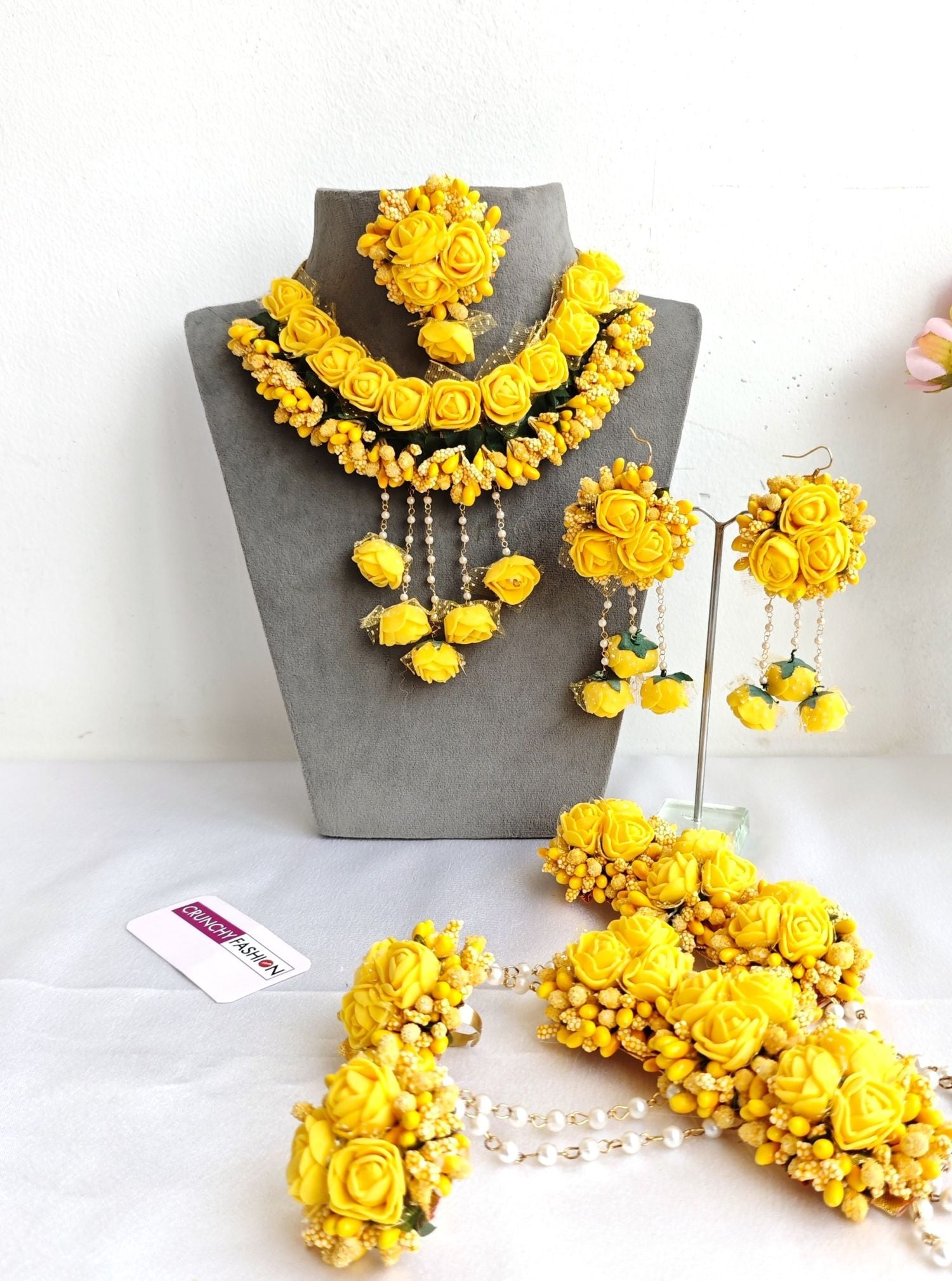 Handcrafted yellow and aqua floral jewellery set, ideal for haldi and baby shower occasions