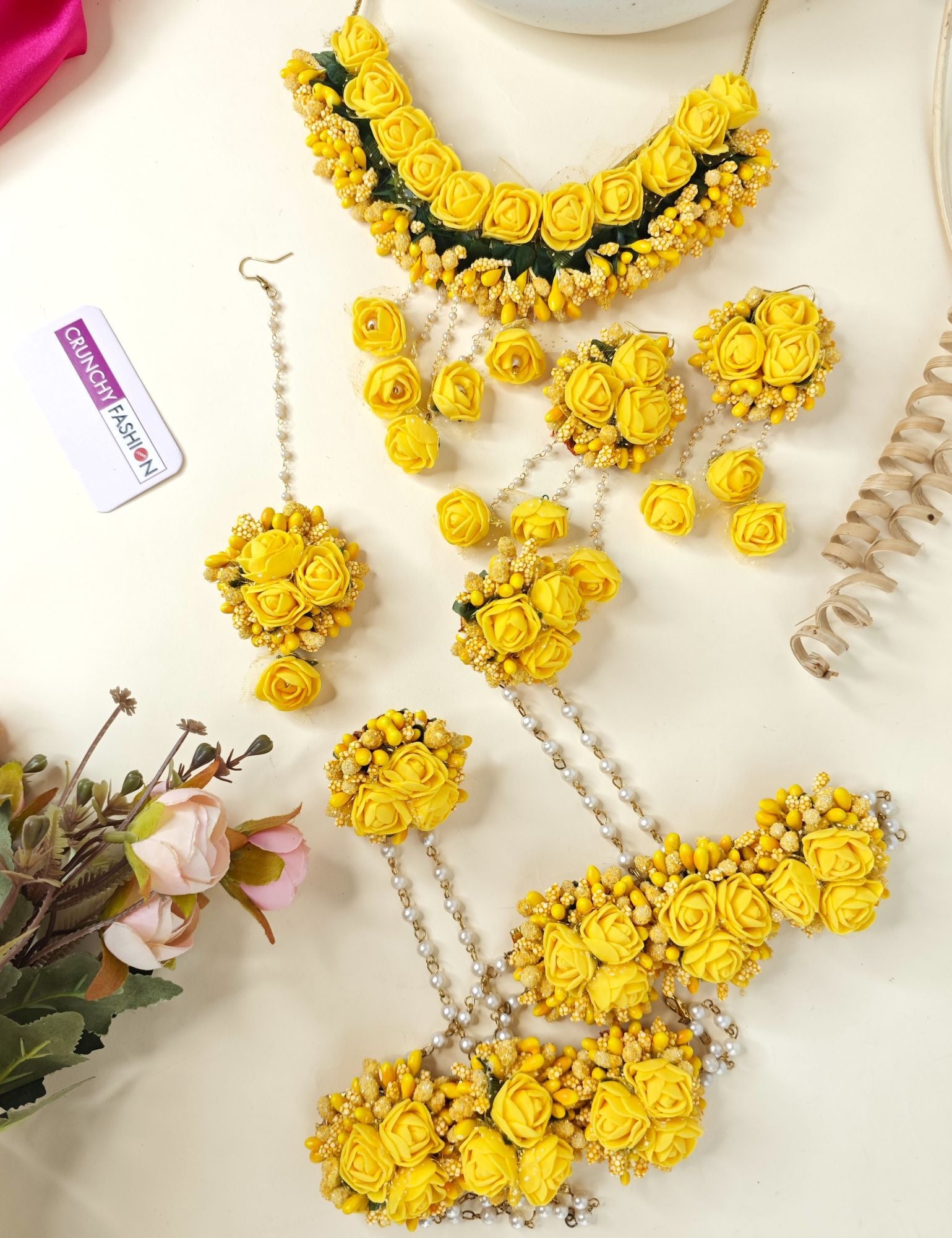 Handcrafted yellow and aqua floral jewellery set, ideal for haldi and baby shower occasions