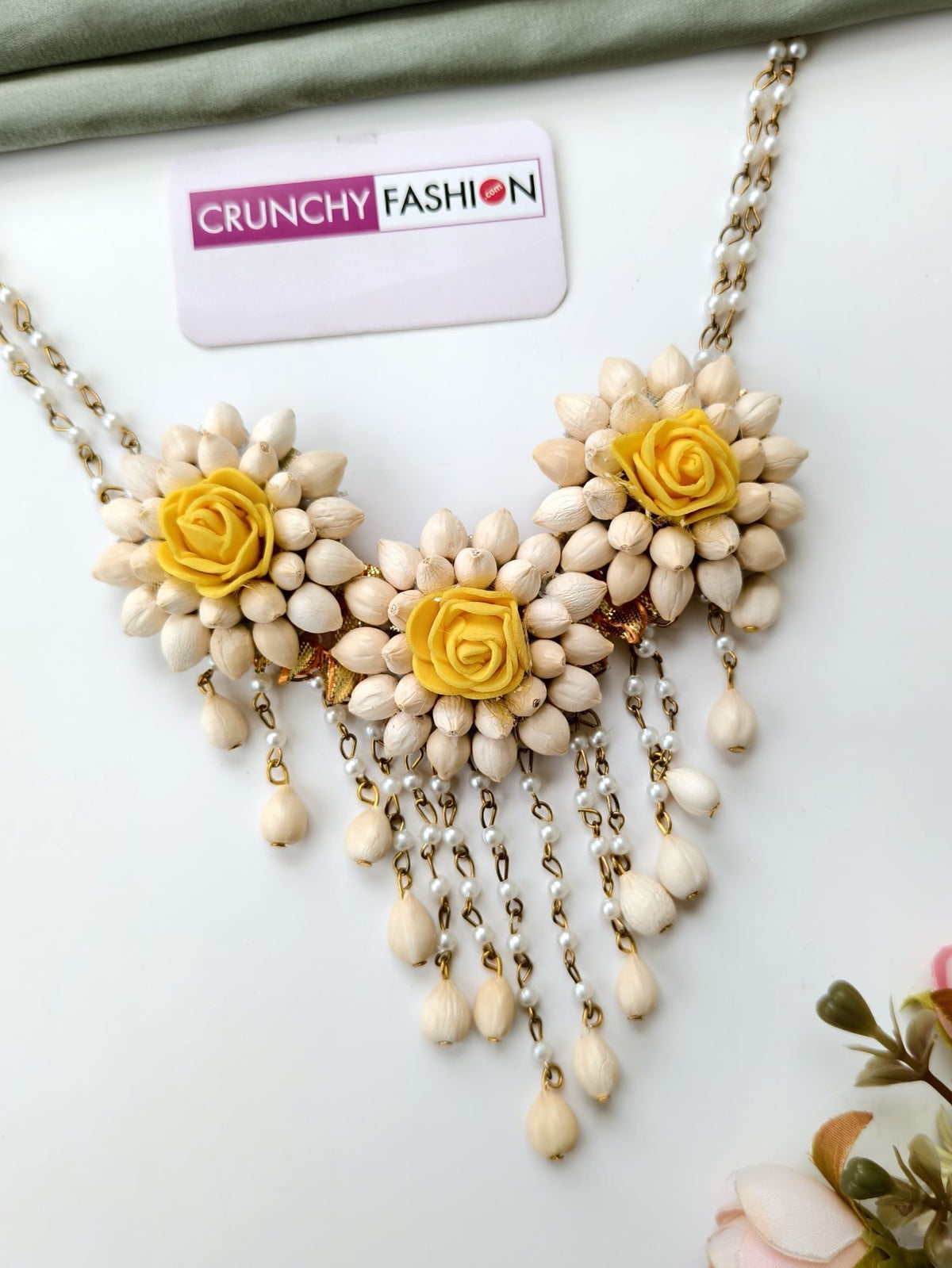 yellow mogra jewellery set for haldi-mehndi, white flower design