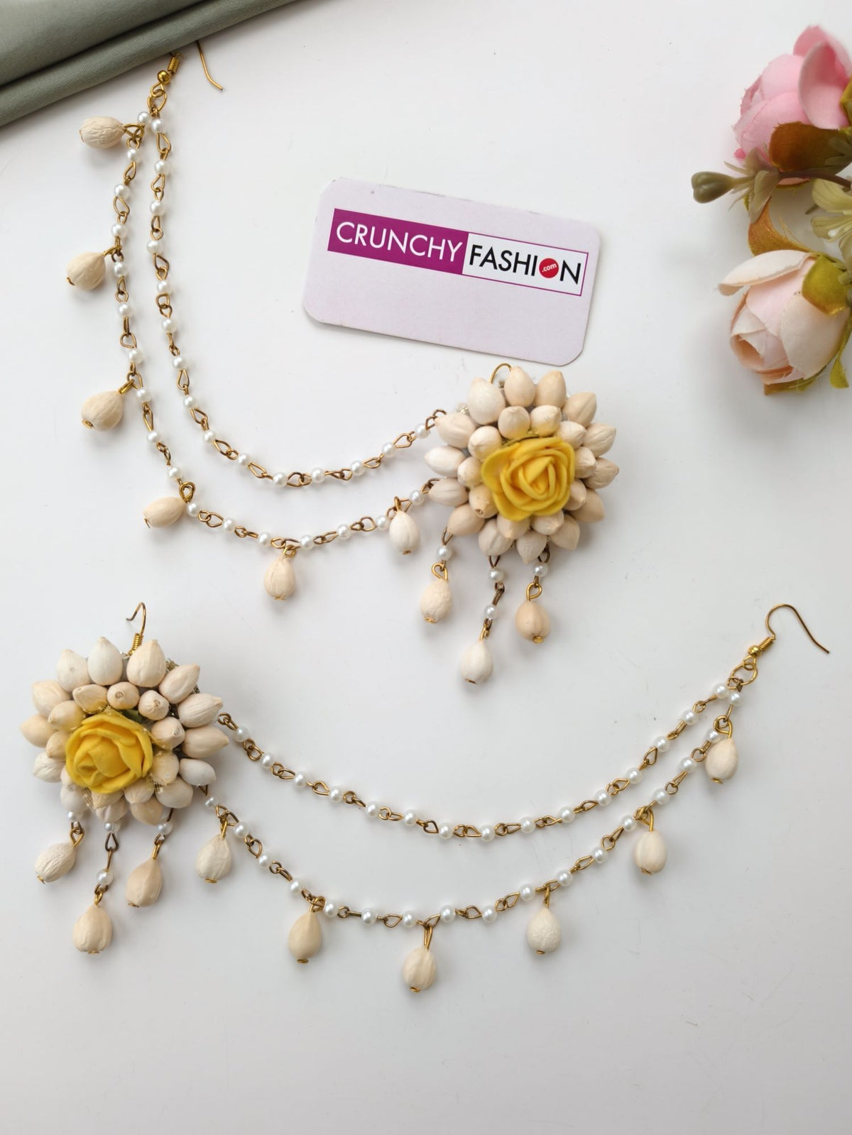 yellow mogra jewellery set for haldi-mehndi, white flower design