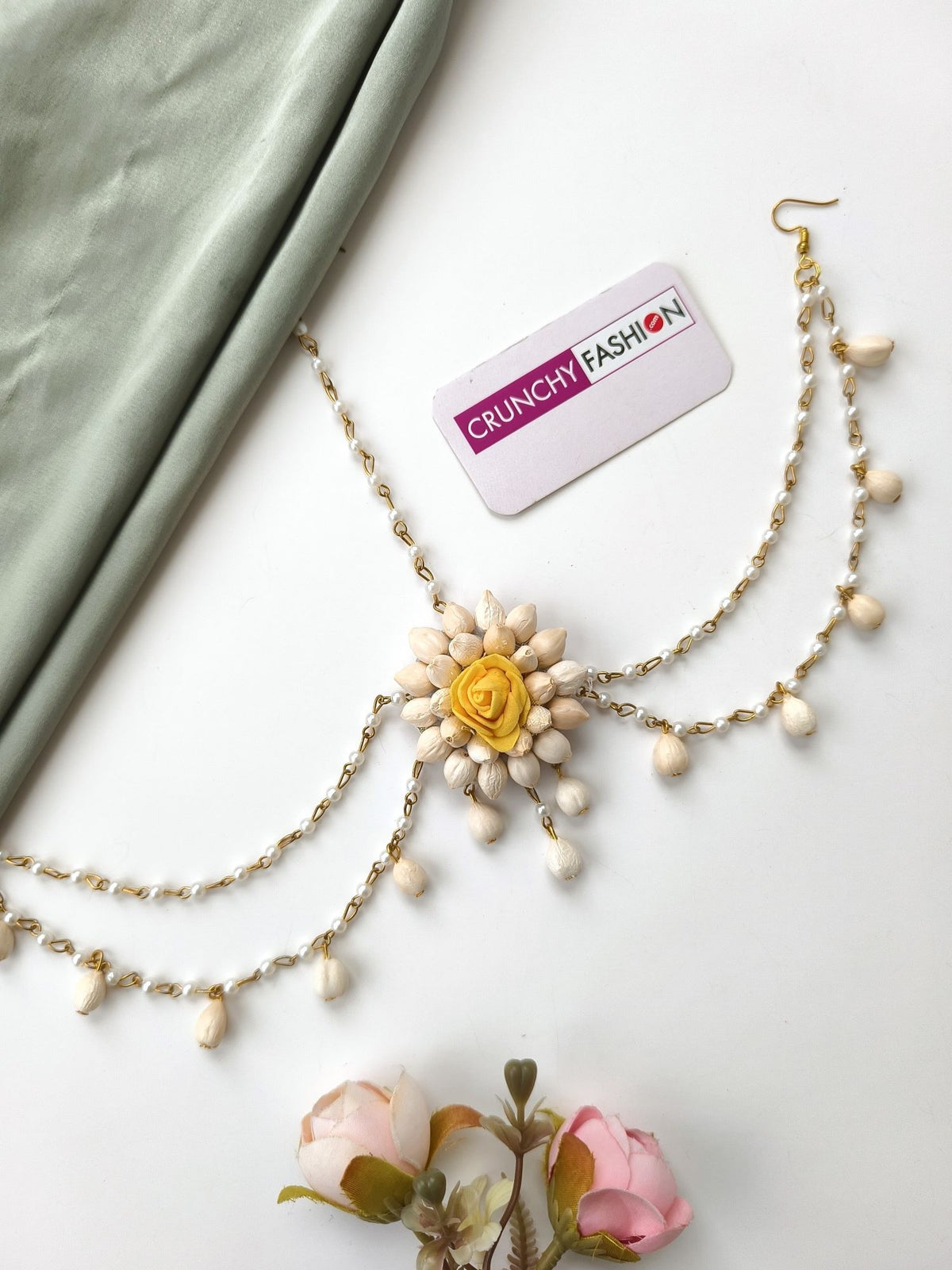 yellow mogra jewellery set for haldi-mehndi, white flower design