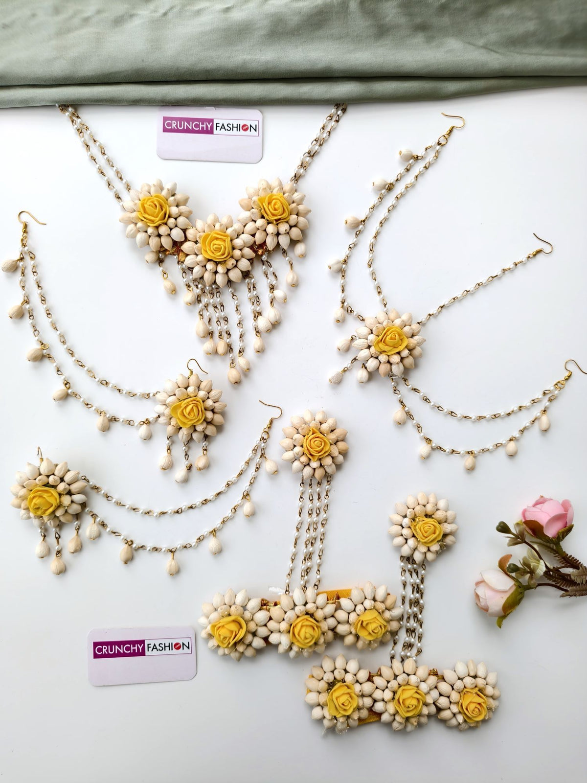 yellow mogra jewellery set for haldi-mehndi, white flower design