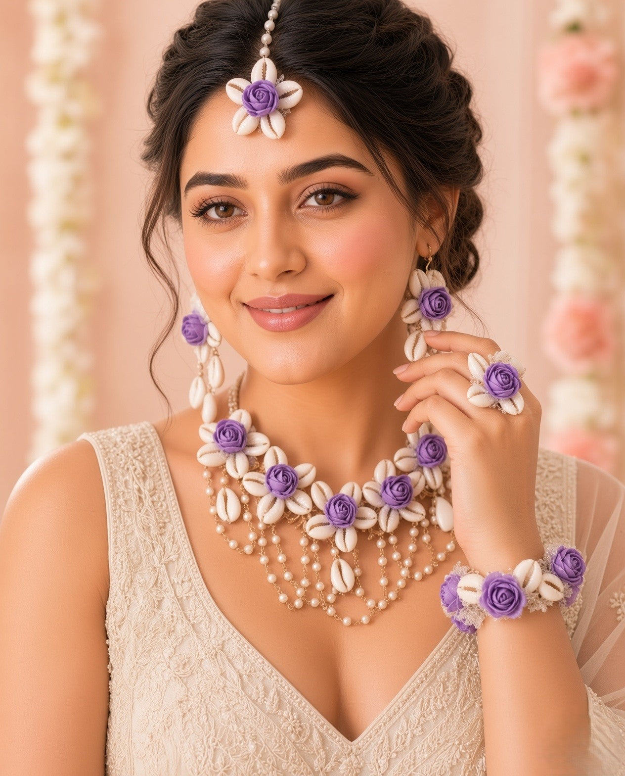 Lavender Flowers-Sea Shell Jewelry Set for Haldi Mehndi