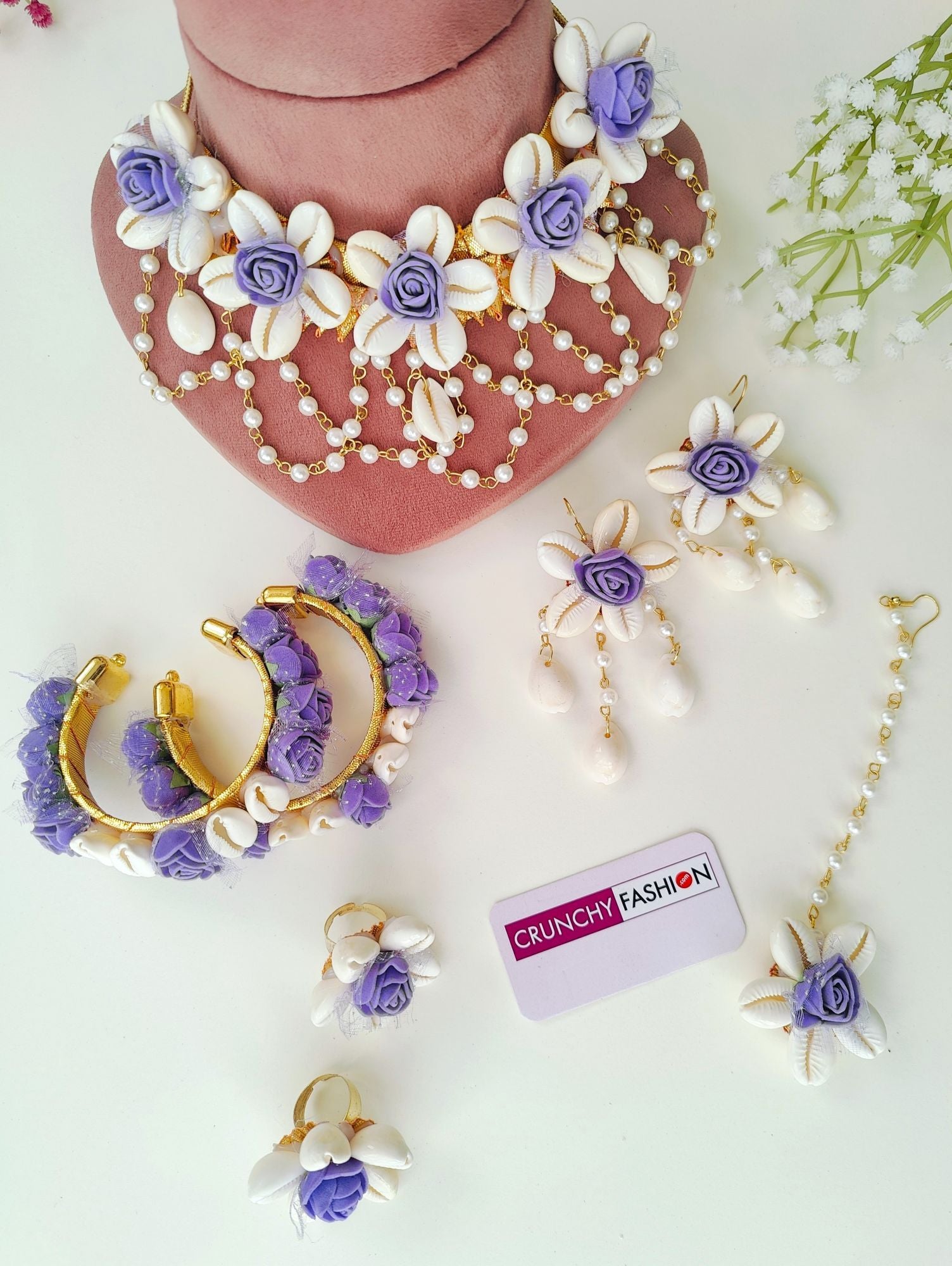 Lavender Flower Themed Cowrie Shell Handmade Jewellery Set, Perfect for Bridal Haldi and Mehndi Ceremony