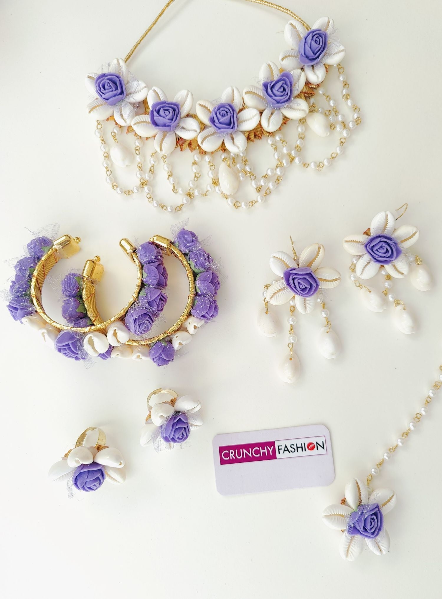 Lavender Flower Themed Cowrie Shell Handmade Jewellery Set, Perfect for Bridal Haldi and Mehndi Ceremony