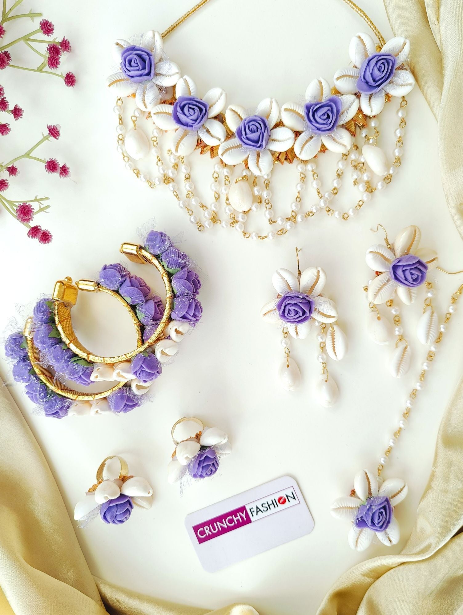 Lavender Flower Themed Cowrie Shell Handmade Jewellery Set, Perfect for Bridal Haldi and Mehndi Ceremony