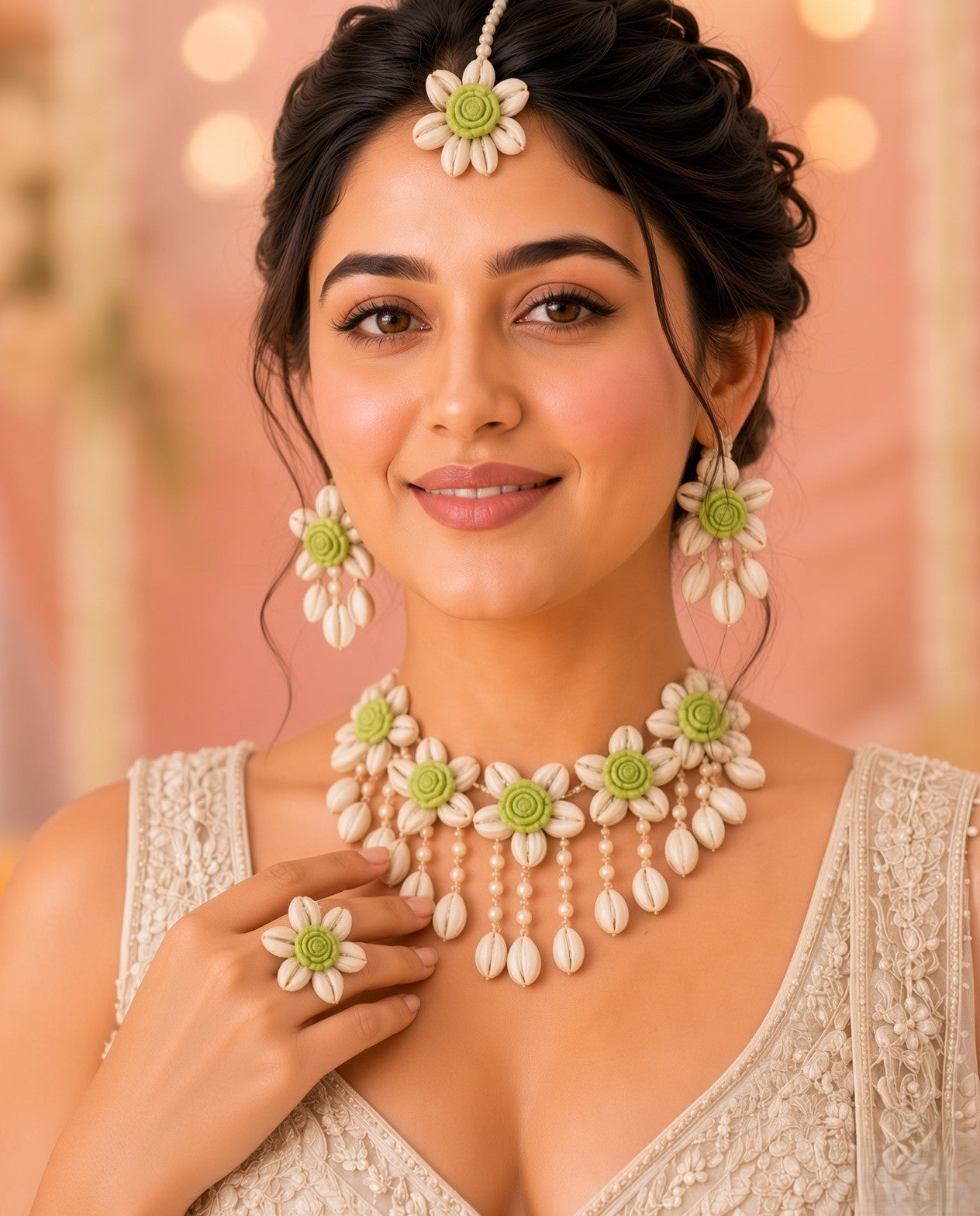 Lime Floral & Cowrie Shell Jewellery Set for Mehendi
