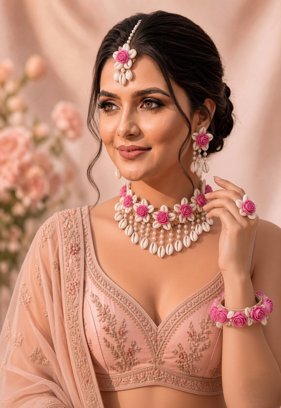 Pink Blossom & Cowrie Shell Haldi Bridal Jewelry Set