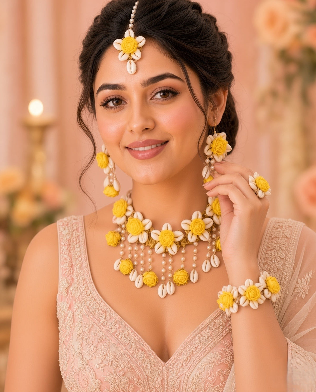 Yellow Flower & Cowrie Shell Jewellery Set for Haldi