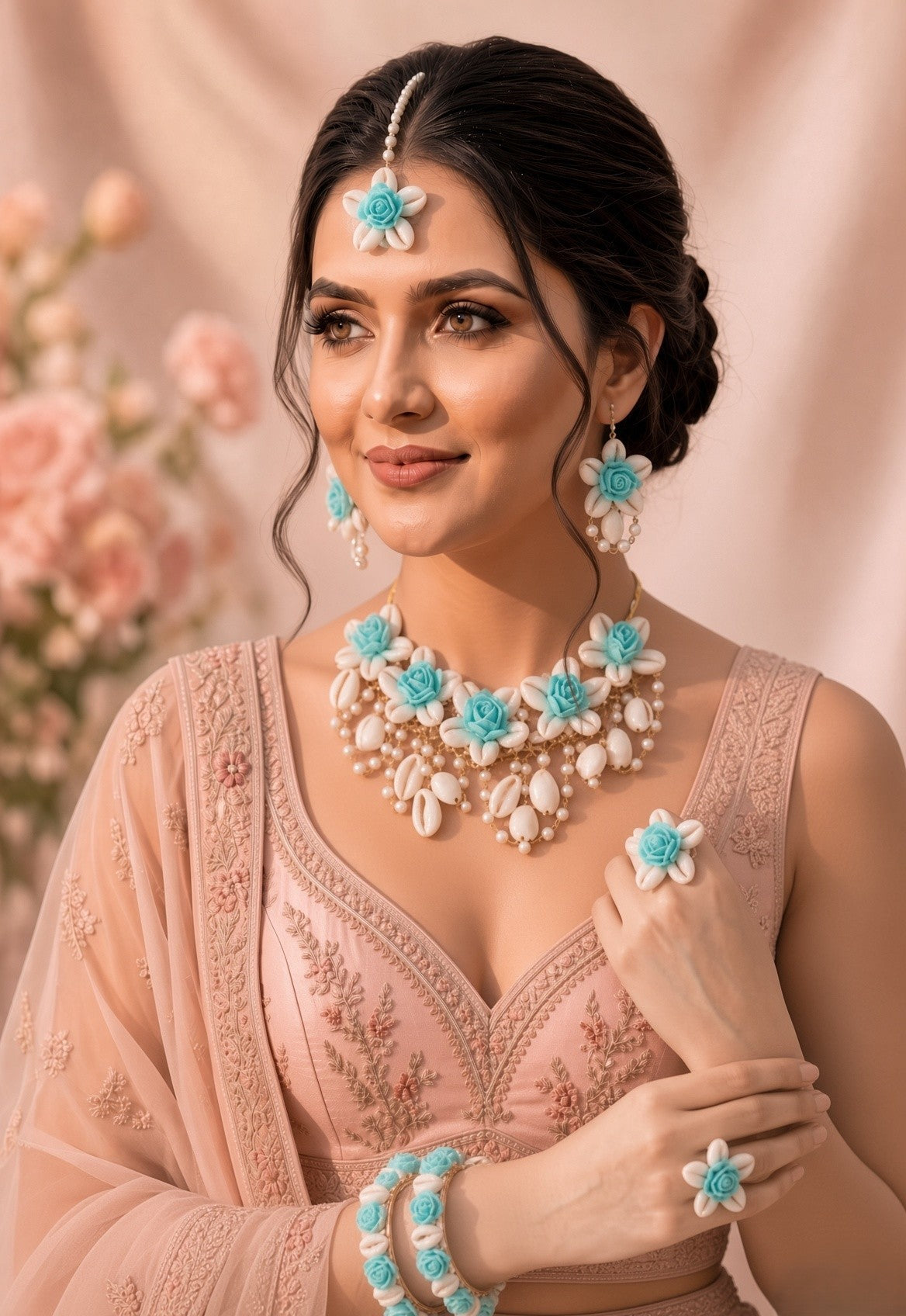 Sea Green Flower & Shell Jewellery Set for Haldi Mehndi