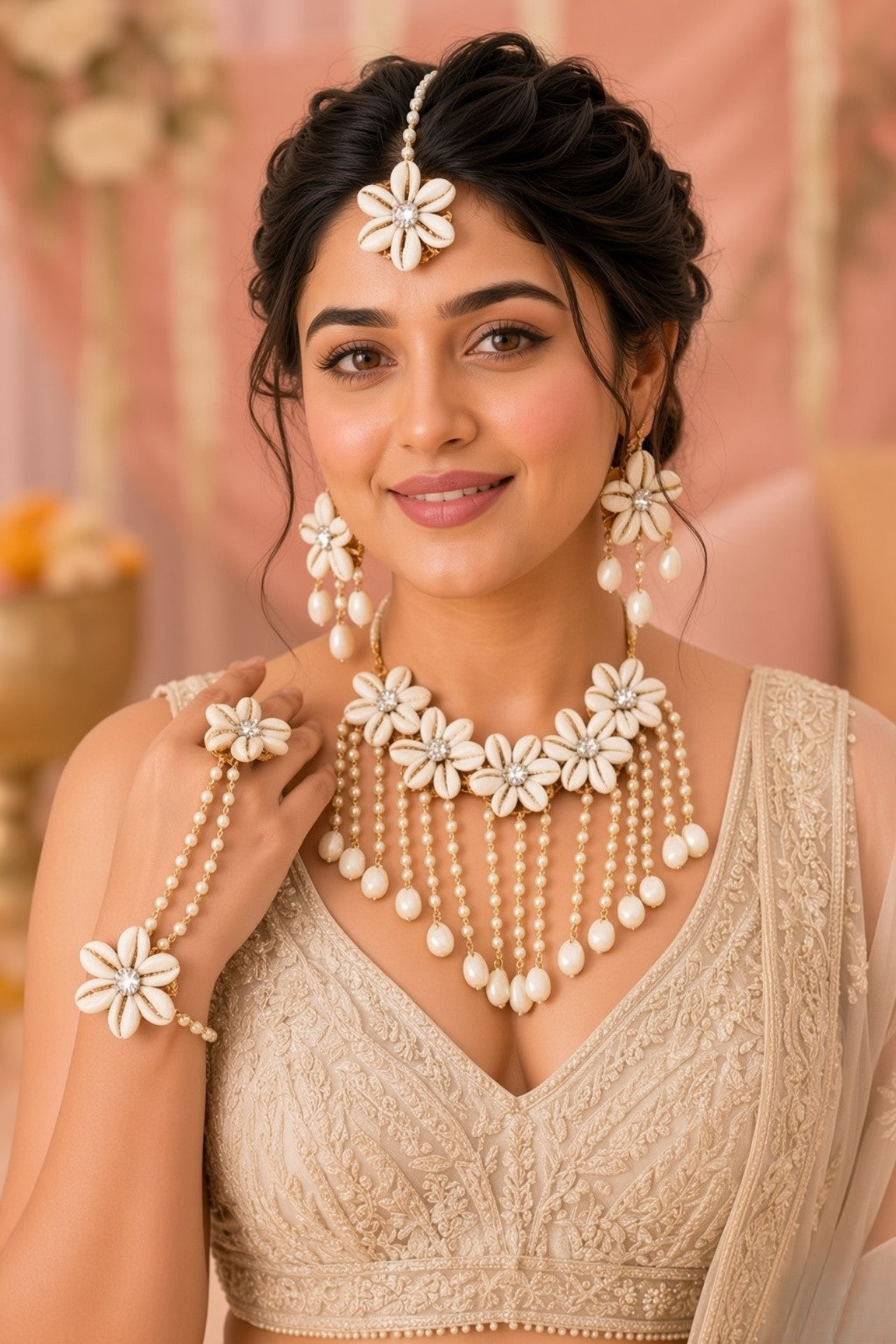 Off-White Pearl & Sea Shell Flower Jewelry Set for Haldi