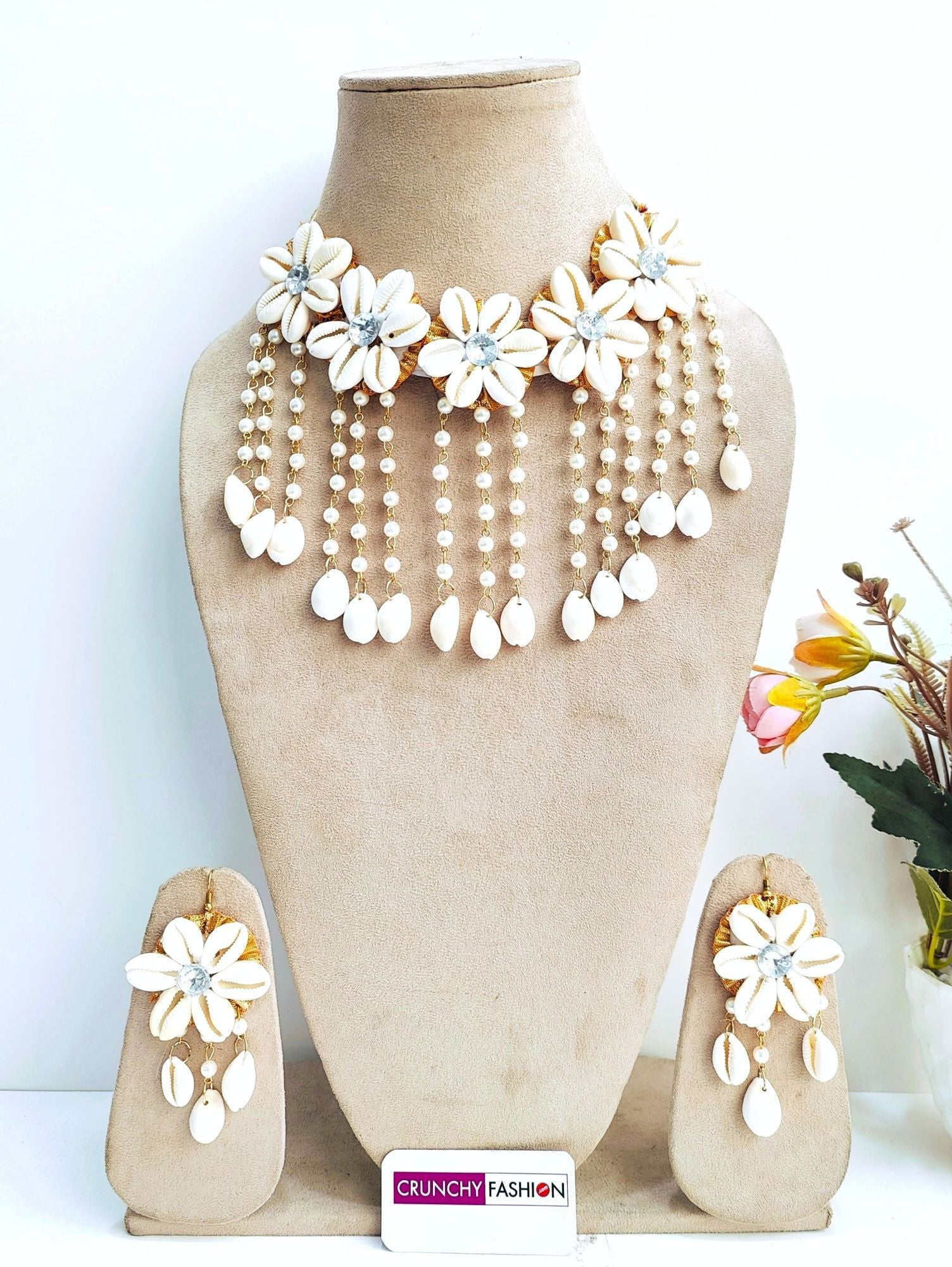 Off-white Haldi Mehndi Jewellery set, featuring Ivory Pearl & Sea Shell design with Gold Plating, ideal for Women and Girls