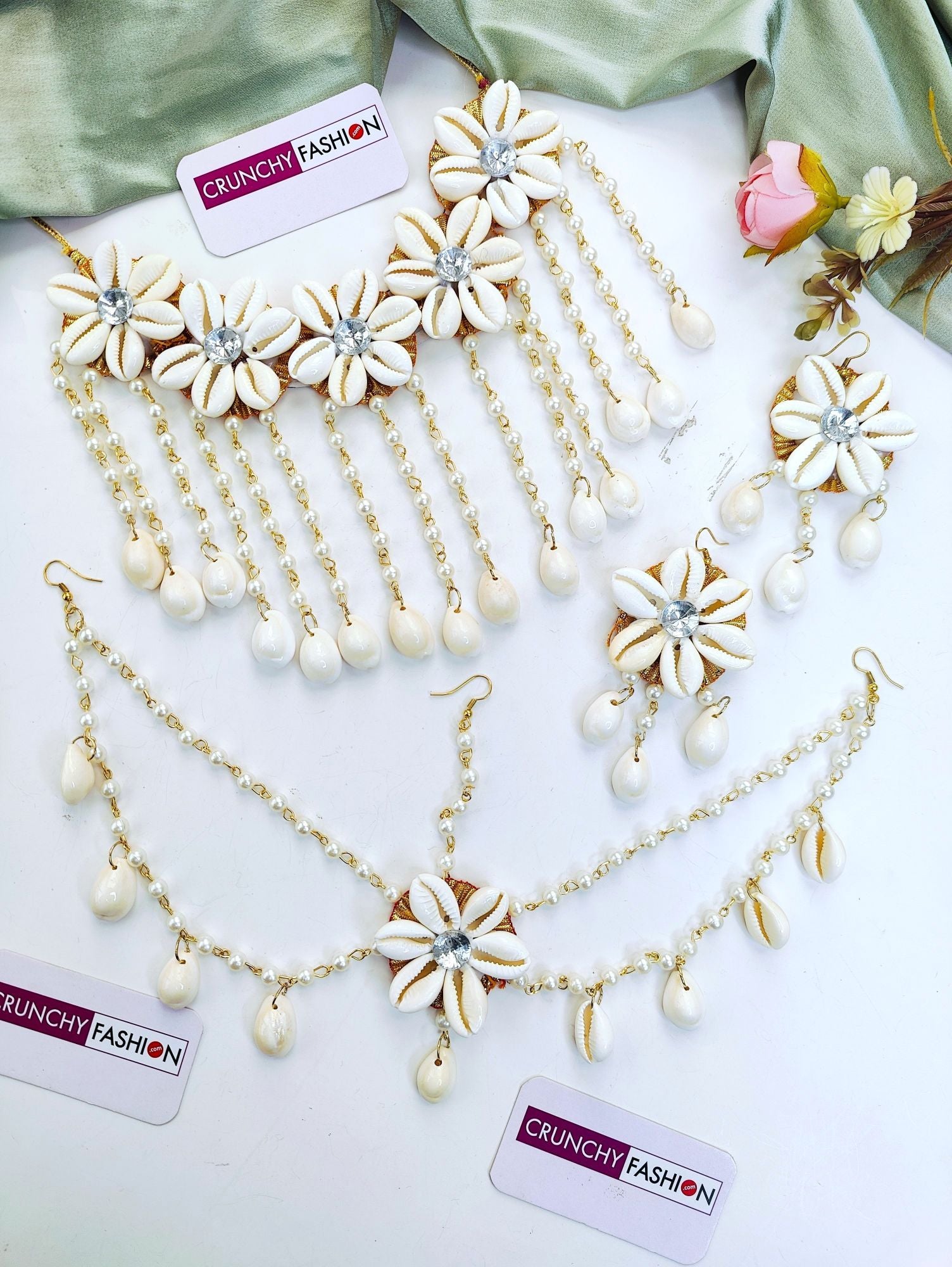 Off-white Haldi Mehndi Jewellery set, featuring Ivory Pearl & Sea Shell design with Gold Plating, ideal for Women and Girls
