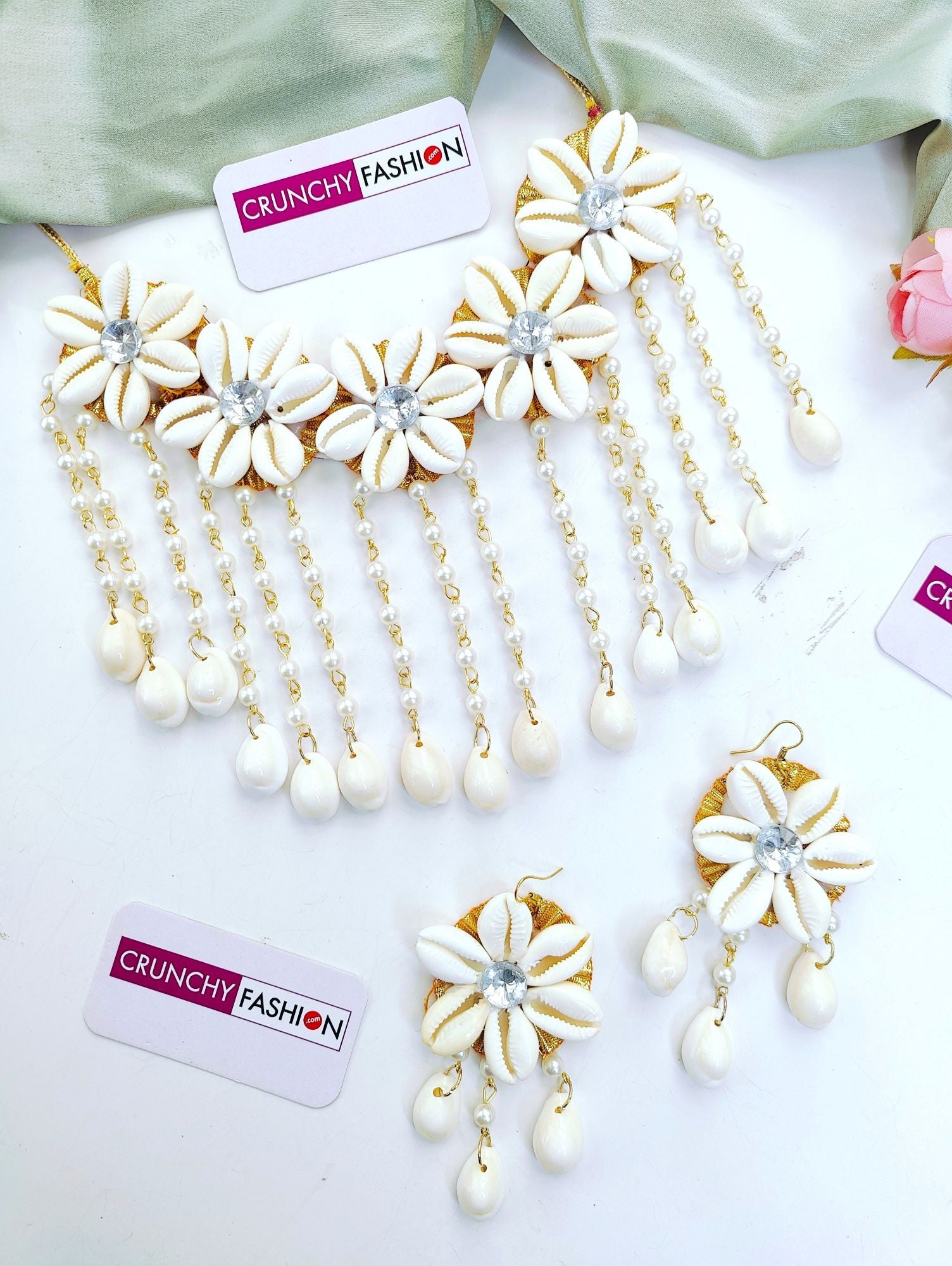 Off-white Haldi Mehndi Jewellery set, featuring Ivory Pearl & Sea Shell design with Gold Plating, ideal for Women and Girls