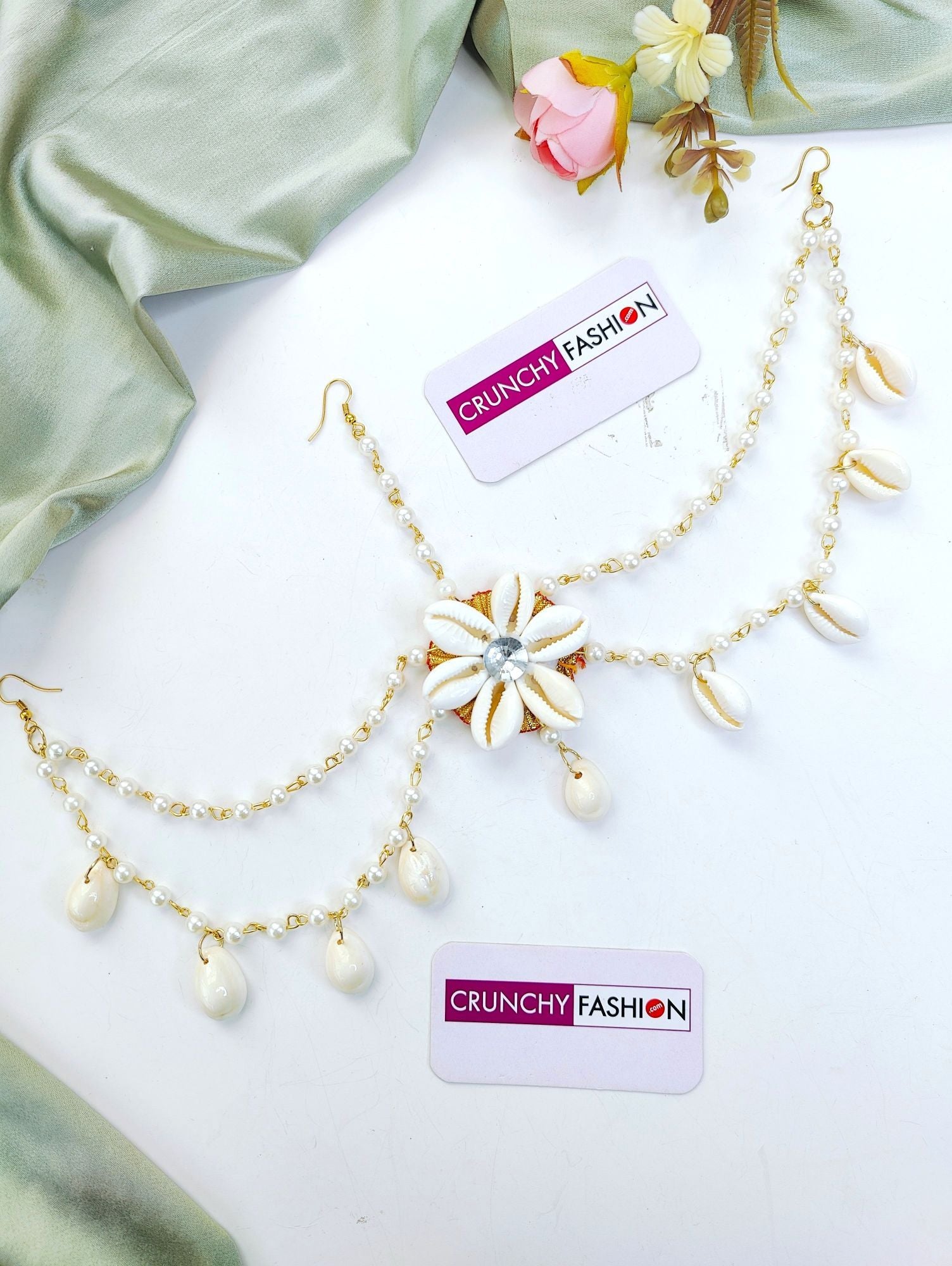 Off-white Haldi Mehndi Jewellery set, featuring Ivory Pearl & Sea Shell design with Gold Plating, ideal for Women and Girls