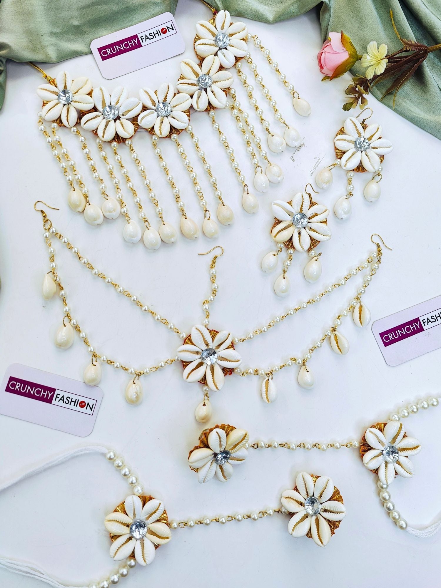 Off-white Haldi Mehndi Jewellery set, featuring Ivory Pearl & Sea Shell design with Gold Plating, ideal for Women and Girls