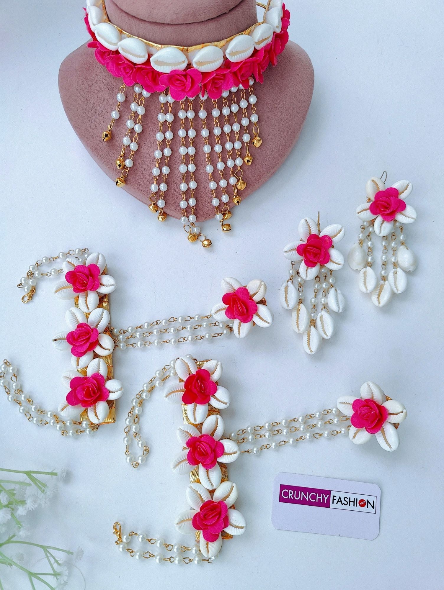 Floral themed, pink flower & sea shell jewelry set designed for mehandi ceremony, part of HANDICRAFT collection
