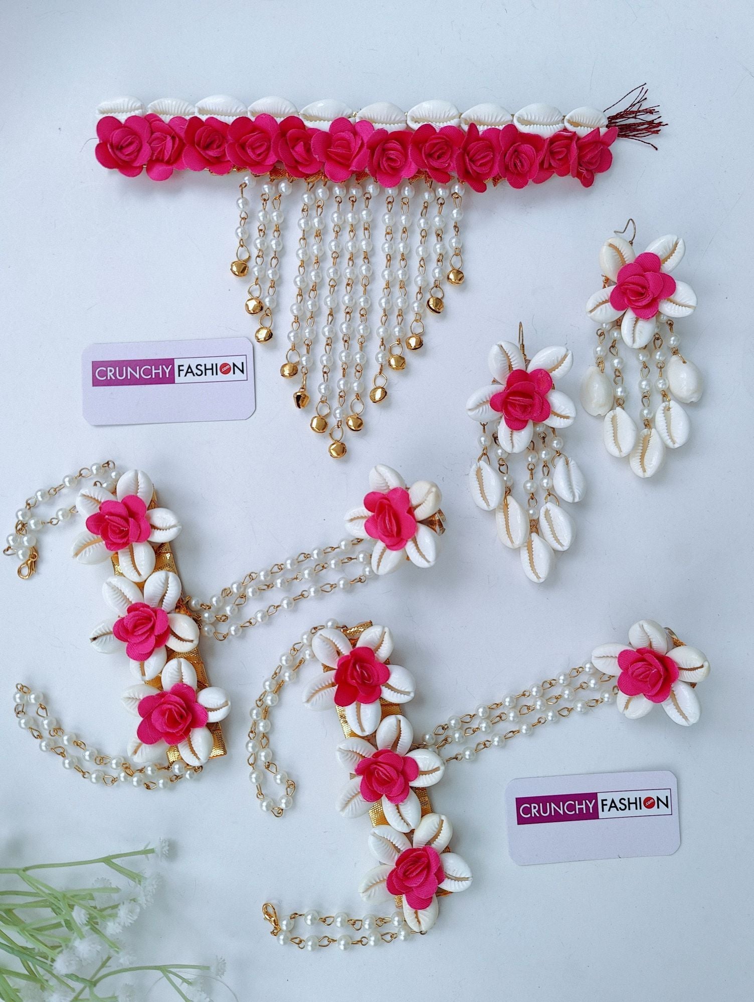 Floral themed, pink flower & sea shell jewelry set designed for mehandi ceremony, part of HANDICRAFT collection