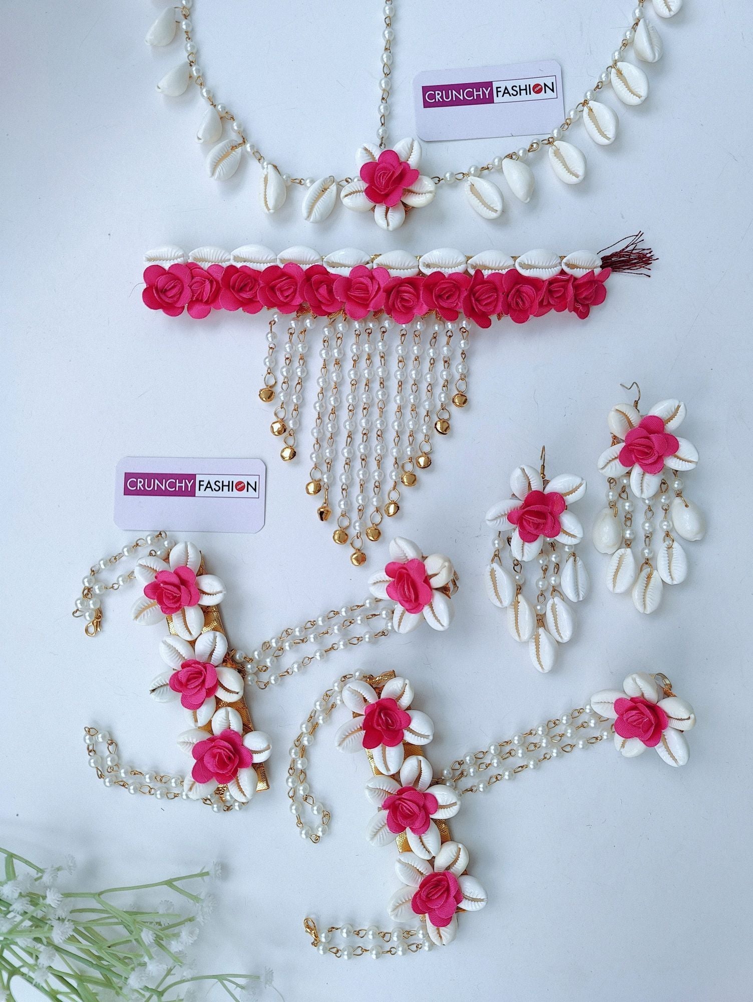 Floral themed, pink flower & sea shell jewelry set designed for mehandi ceremony, part of HANDICRAFT collection