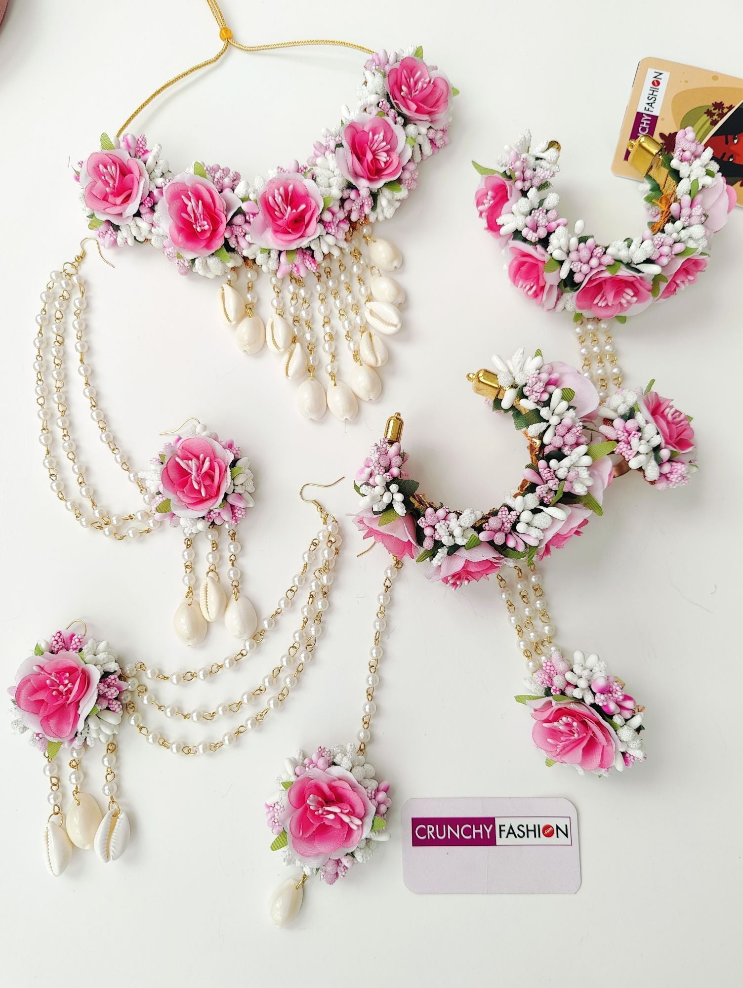 Gorgeous Pink-White Flowers Designer Haldi, Mehndi Bridal Jewelry Set for Women & Girls on Shopify