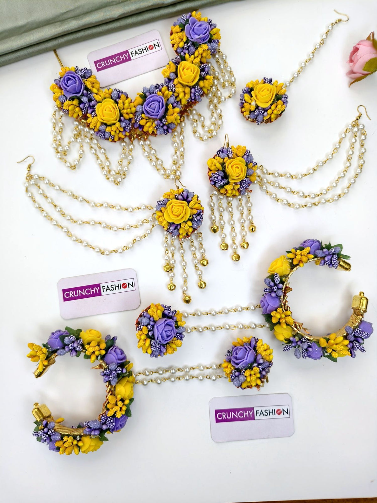 Lavender yellow artificial flower bridal jewellery set for women
