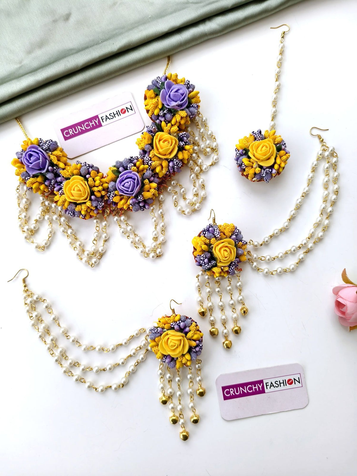 Lavender yellow artificial flower bridal jewellery set for women