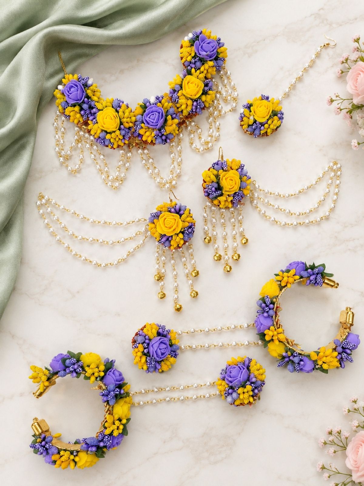Lavender yellow artificial flower bridal jewellery set for women