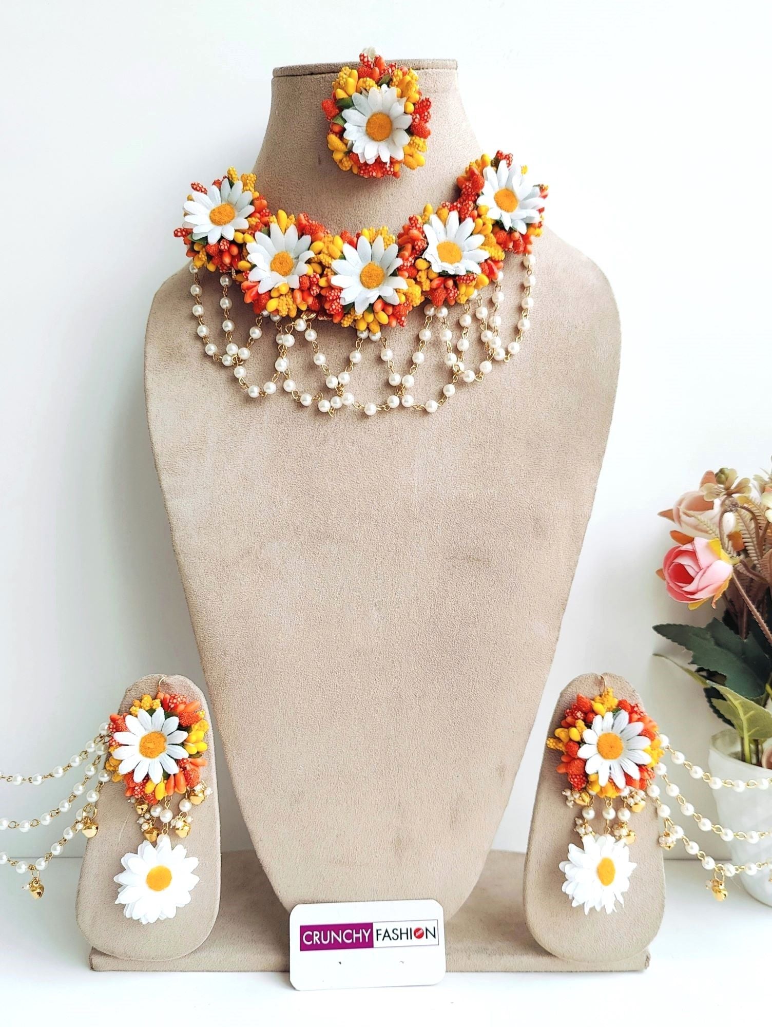 Designer orange & yellow floral-themed artificial flower jewellery set for mehndi ceremony, from Handicraft collection